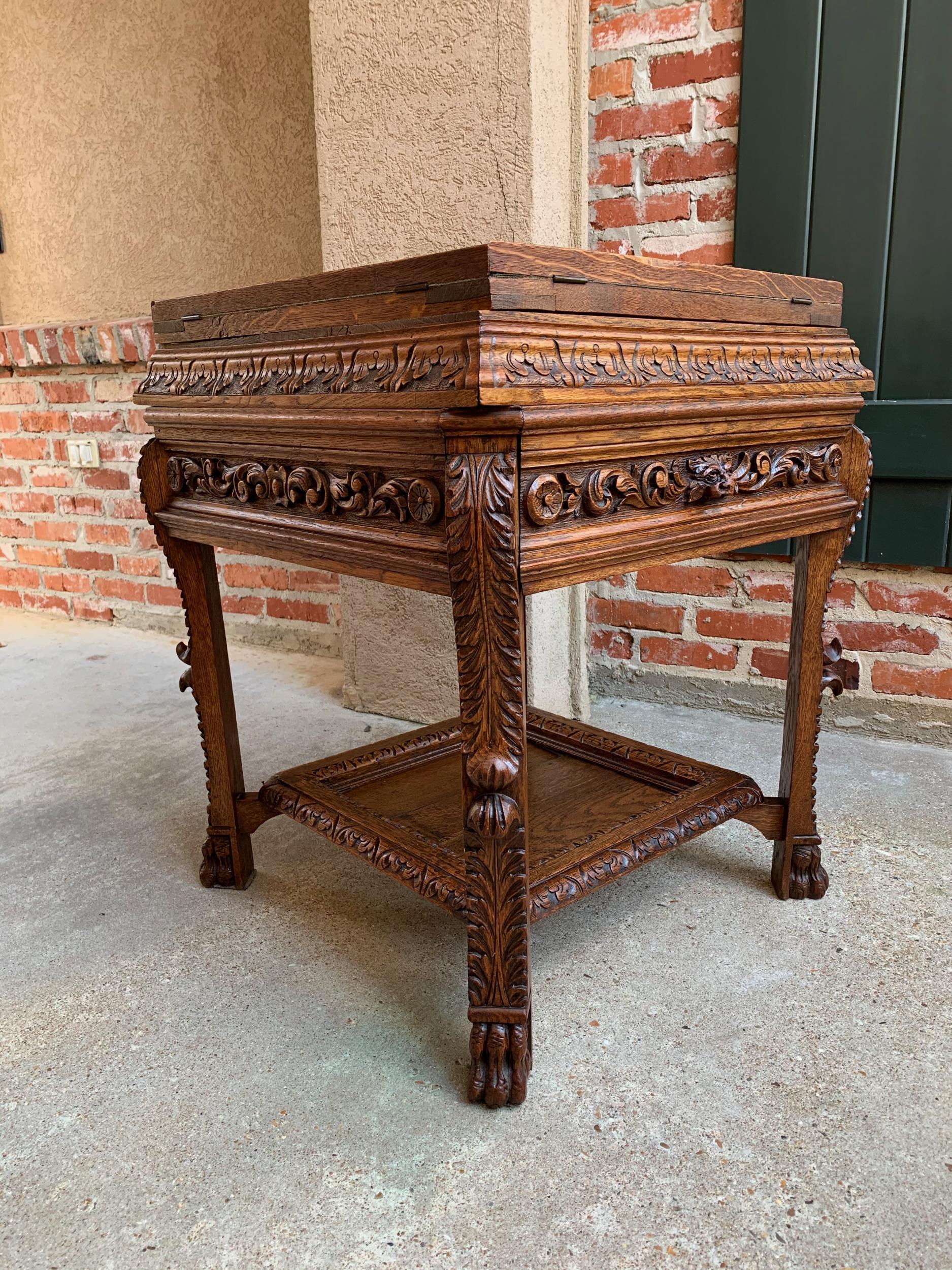 19th Century French Carved Oak Game Card Table Breton Brittany Flip Top Side Tab 5