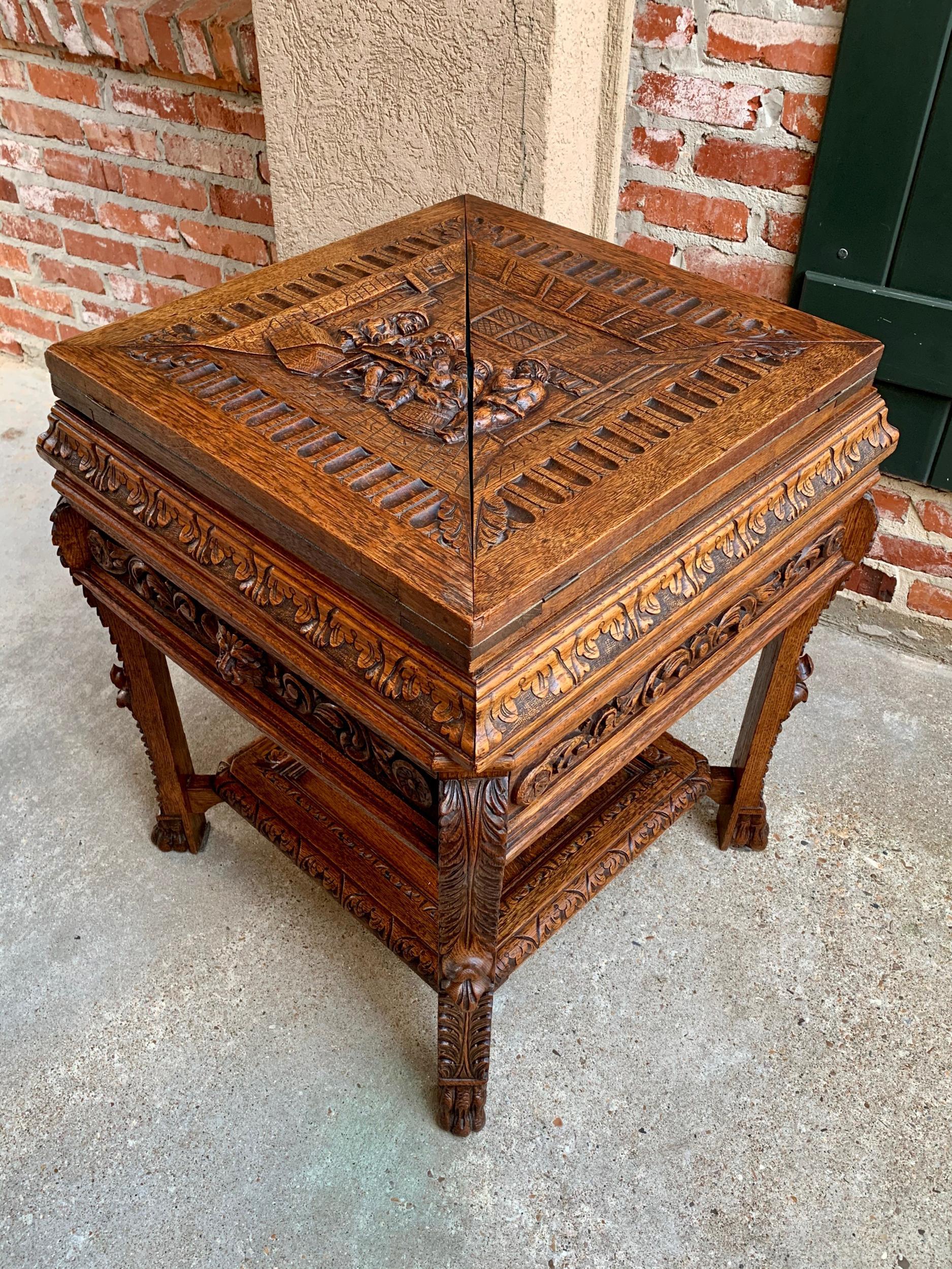 19th Century French Carved Oak Game Card Table Breton Brittany Flip Top Side Tab 9