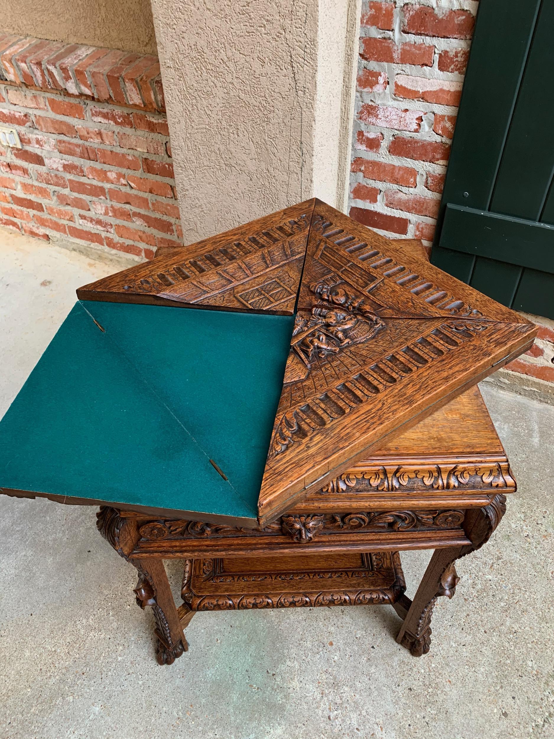 19th Century French Carved Oak Game Card Table Breton Brittany Flip Top Side Tab 10