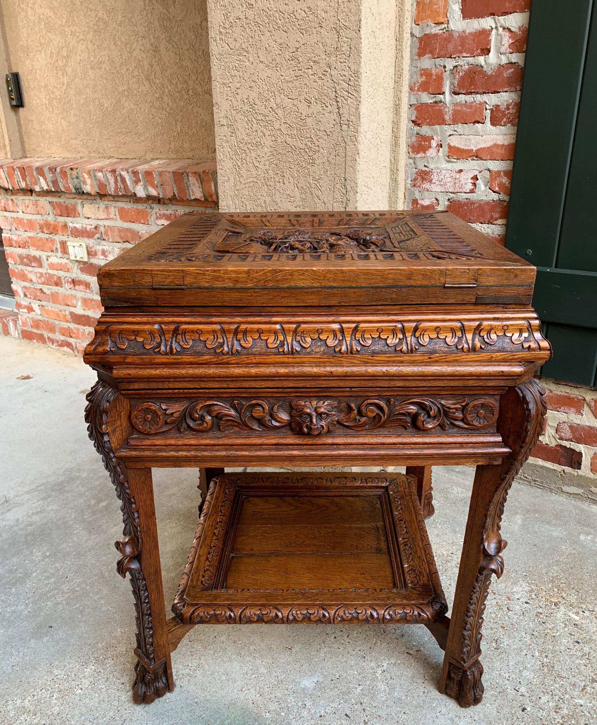 19th century French carved oak game table Breton Brittany flip top side table

~ Direct from France
~ Very unique, hand carved antique French flip top game table
~ Brittany carved scene on the top panels, in true Breton style, depicting four men