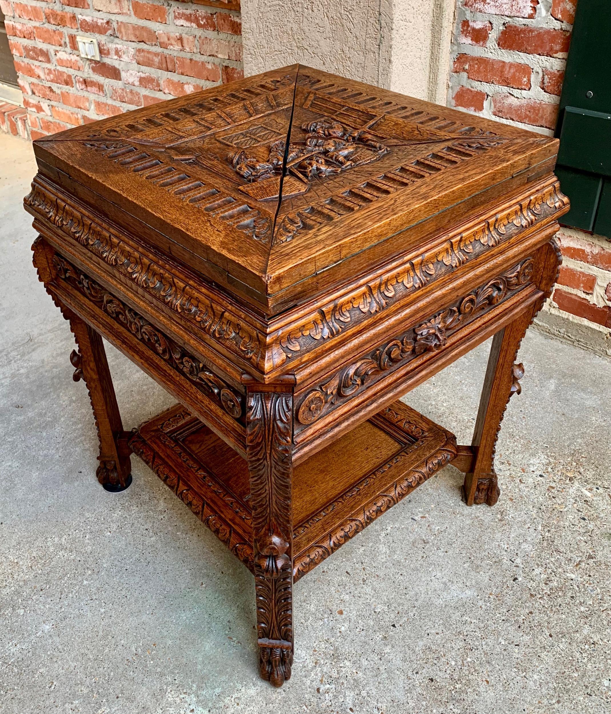 French Provincial 19th Century French Carved Oak Game Card Table Breton Brittany Flip Top Side Tab