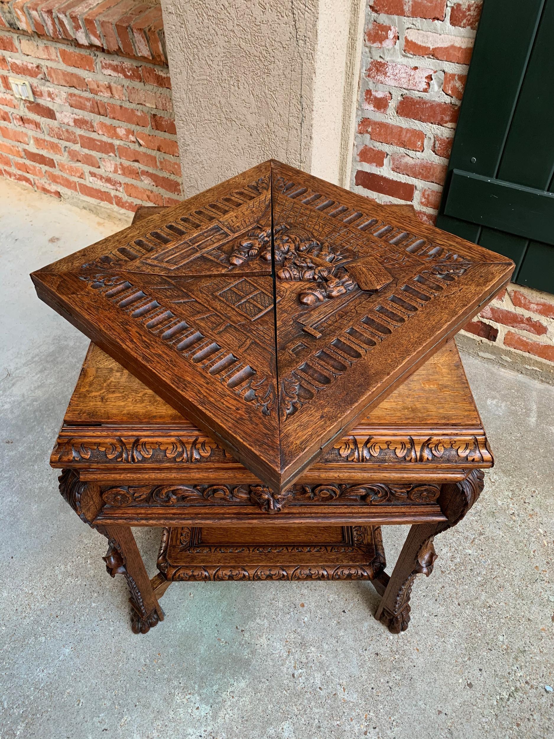 19th Century French Carved Oak Game Card Table Breton Brittany Flip Top Side Tab 1