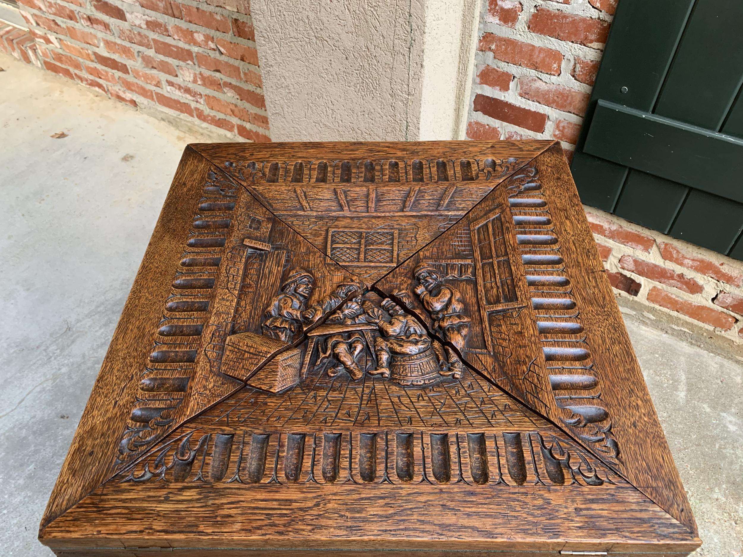 19th Century French Carved Oak Game Card Table Breton Brittany Flip Top Side Tab 4