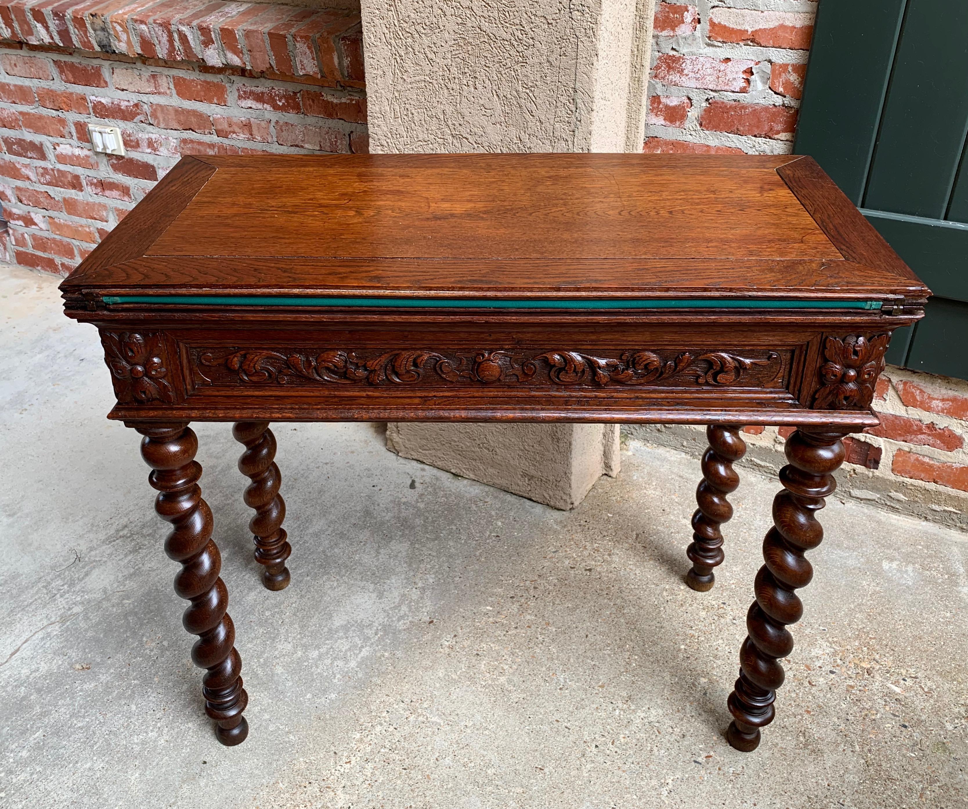 19th Century French Carved Oak Game Hall Table Barley Twist Louis XIII Flip Top 5