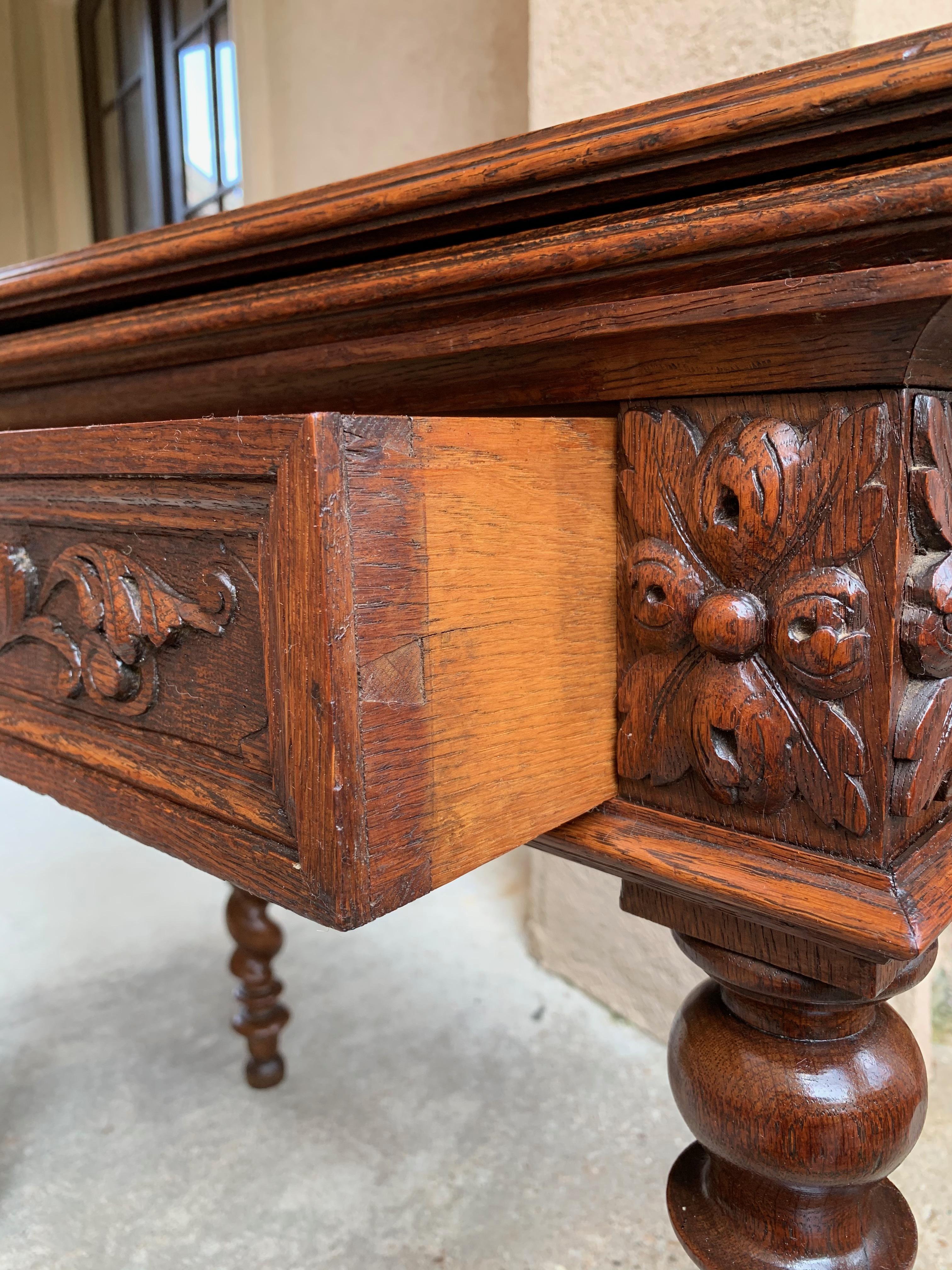 19th Century French Carved Oak Game Hall Table Barley Twist Louis XIII Flip Top 10