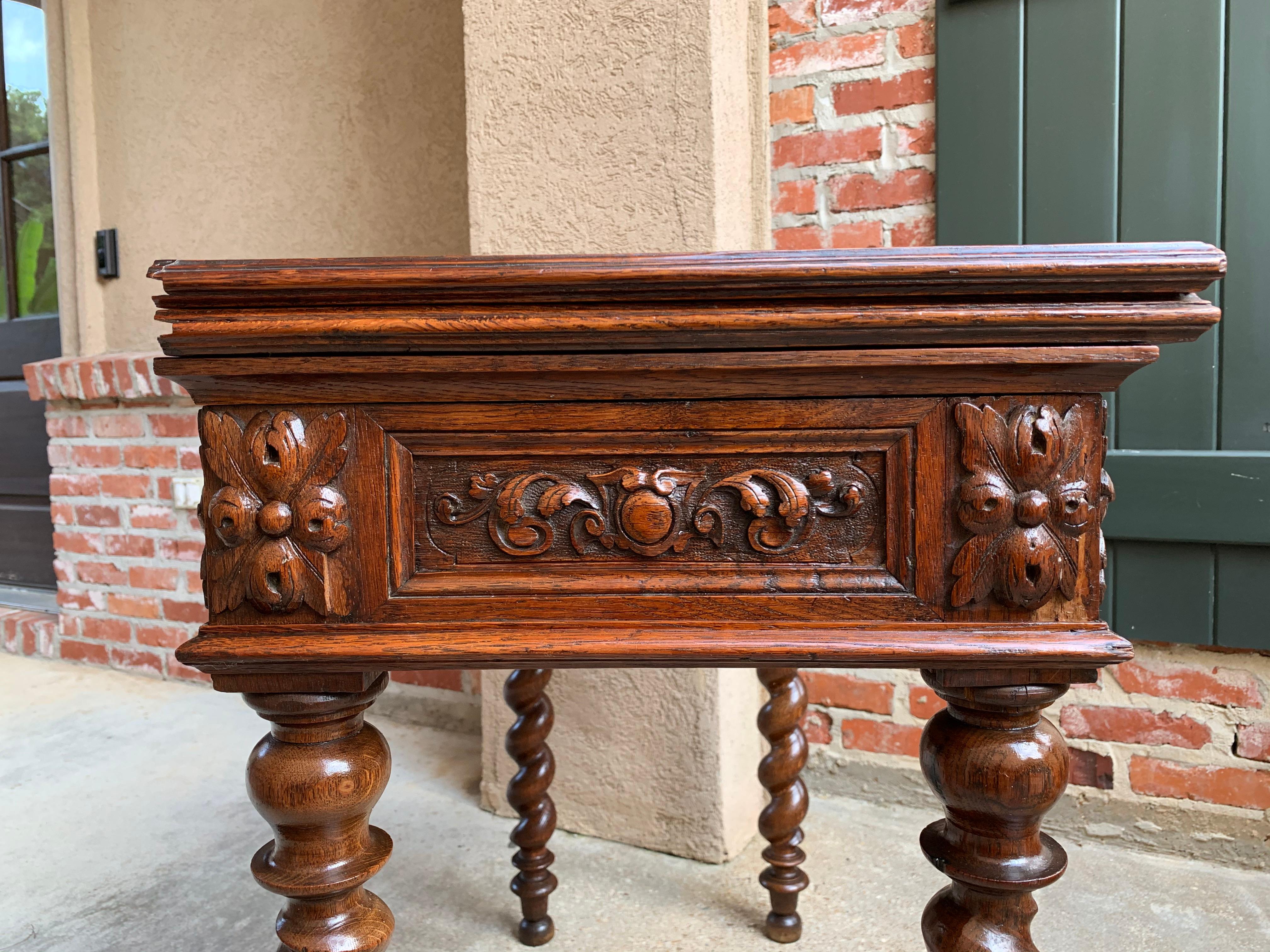 19th Century French Carved Oak Game Hall Table Barley Twist Louis XIII Flip Top In Good Condition In Shreveport, LA
