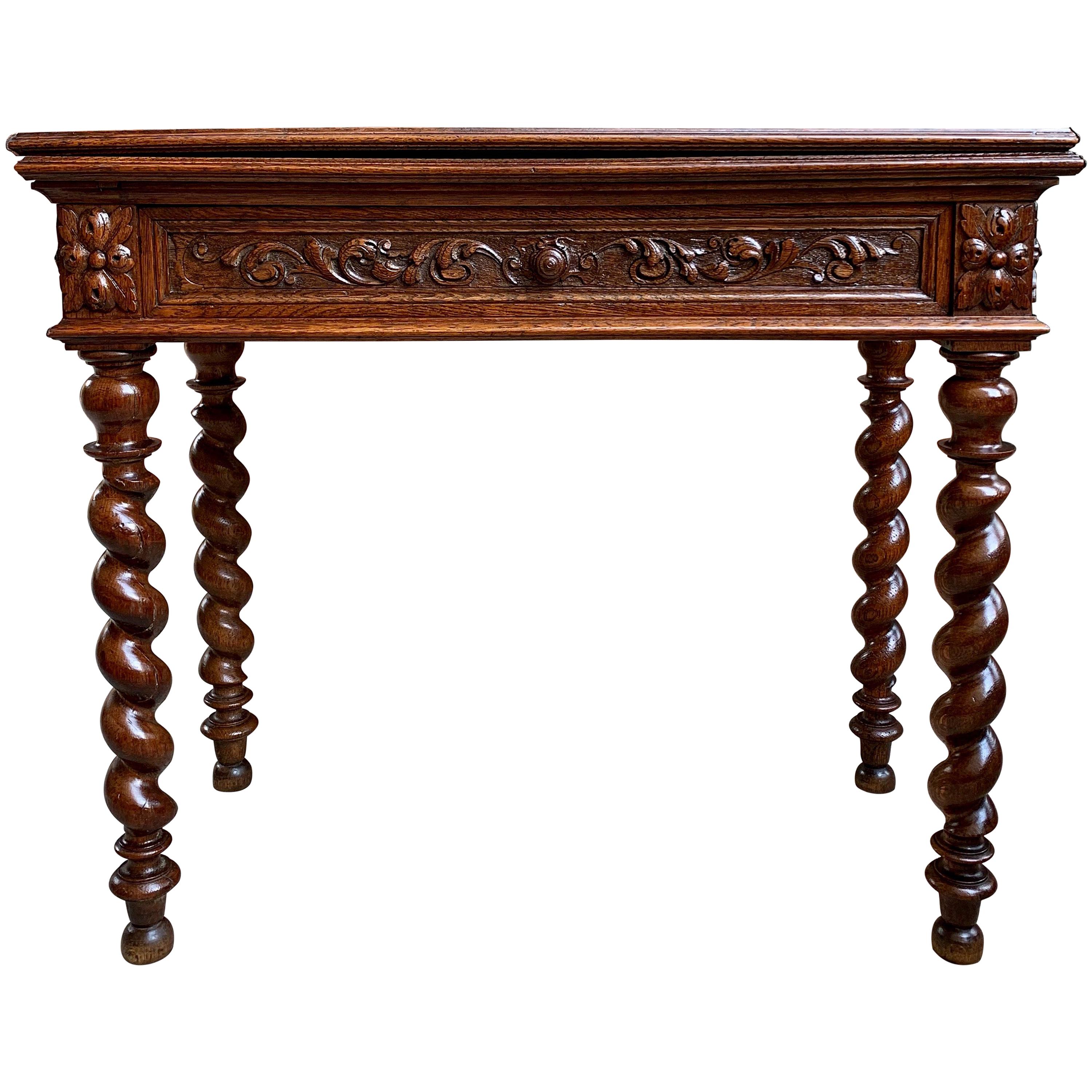 19th Century French Carved Oak Game Hall Table Barley Twist Louis XIII Flip Top