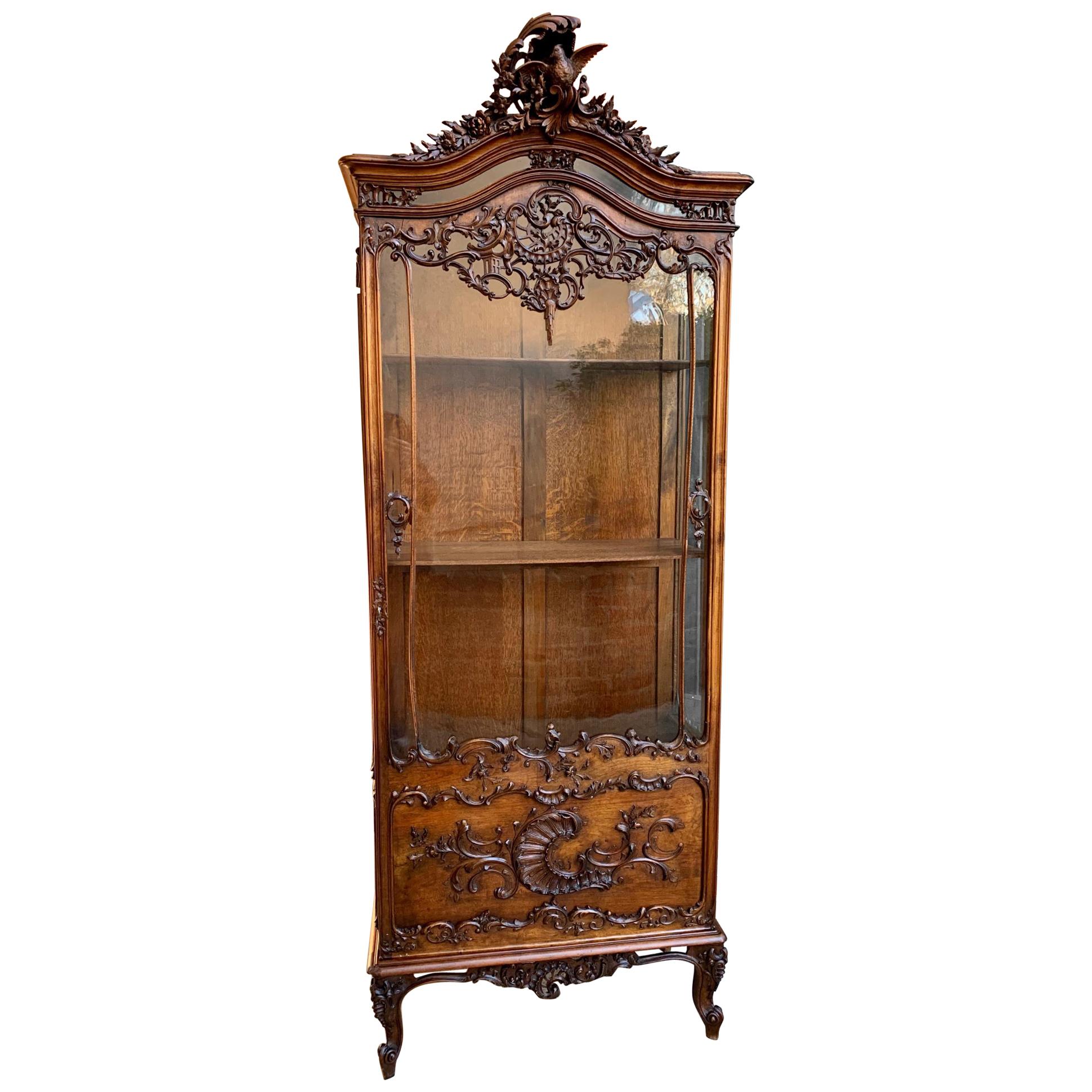 19th Century French Carved Oak Glass Vitrine Display Cabinet Bookcase Louis XV