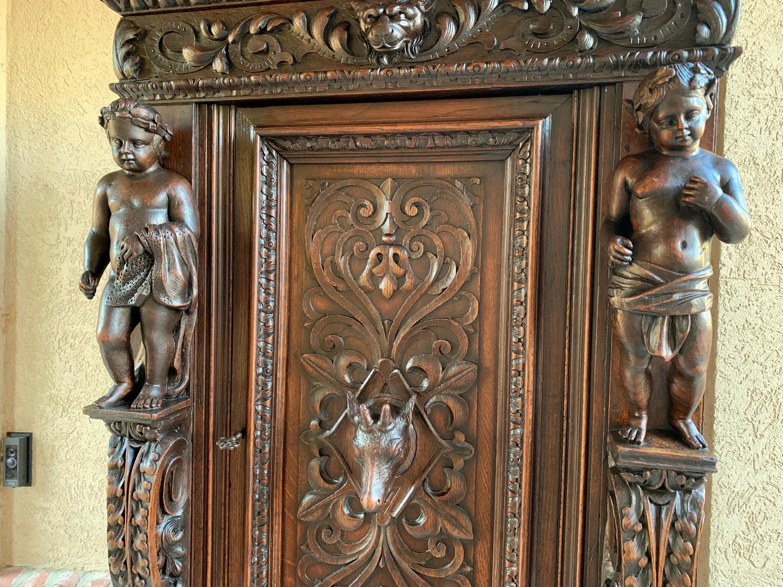 19th Century French Carved Oak Gothic Cabinet Sacristy Vestry Barley Twist 1