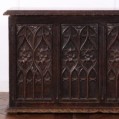 19th Century French Carved Oak Gothic Style Paneled Coffer Chest Coffre