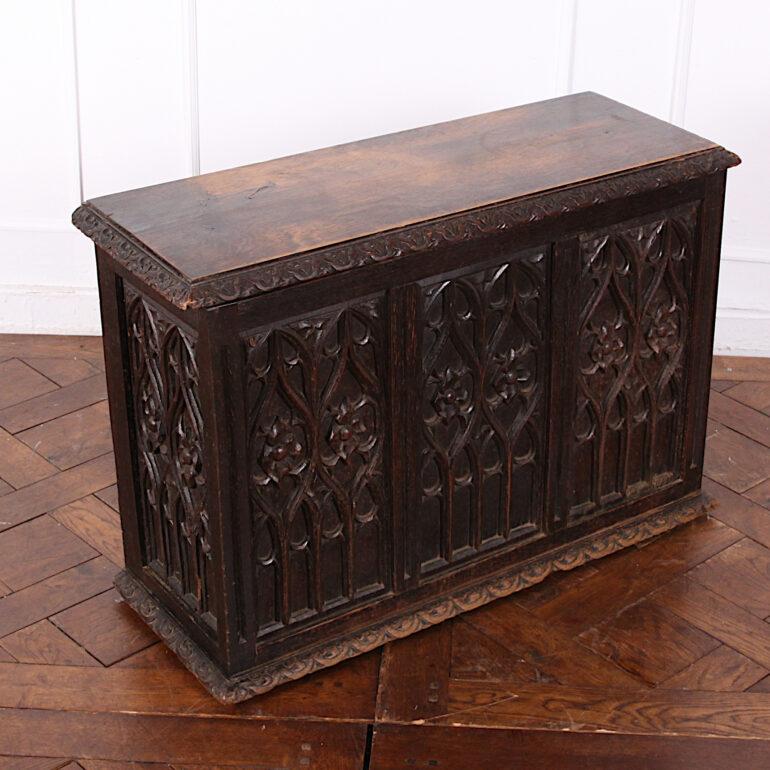 Gothic Revival 19th Century French Carved Oak Gothic Style Paneled Coffer Chest Coffre