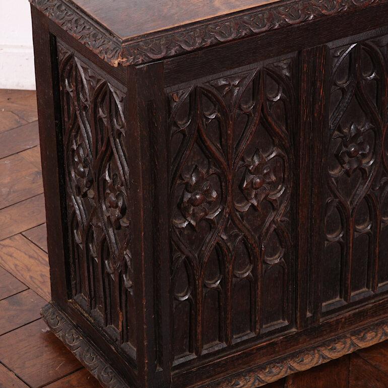Hand-Carved 19th Century French Carved Oak Gothic Style Paneled Coffer Chest Coffre