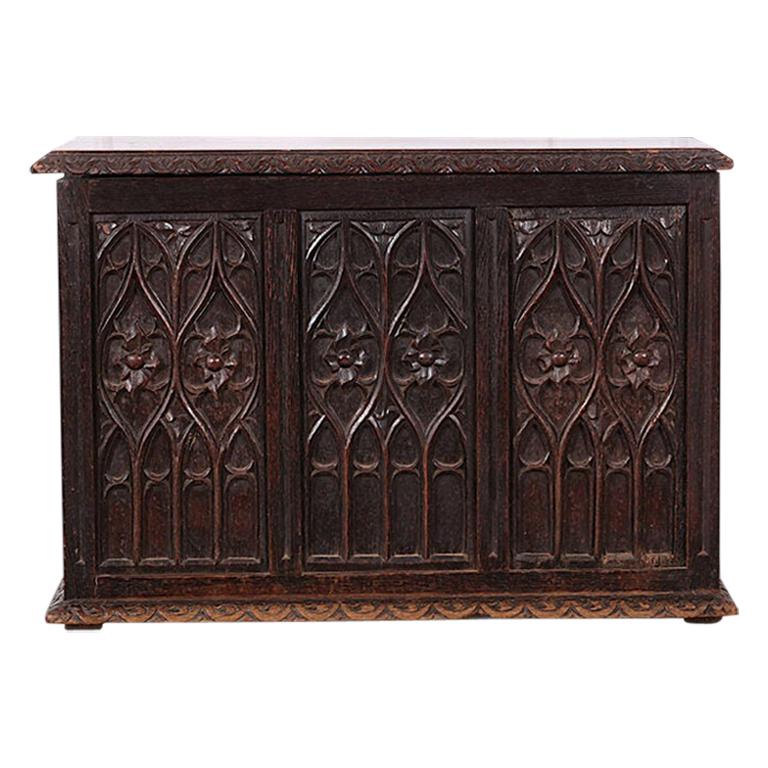 19th Century French Carved Oak Gothic Style Paneled Coffer Chest Coffre