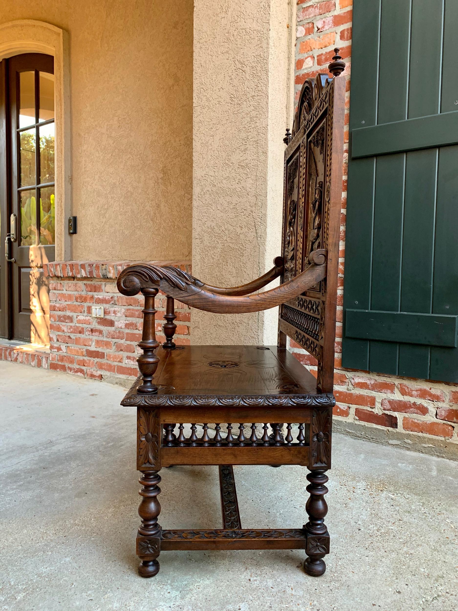 19th century French Carved Oak Hall Bench Breton Brittany Pew Banquette 5
