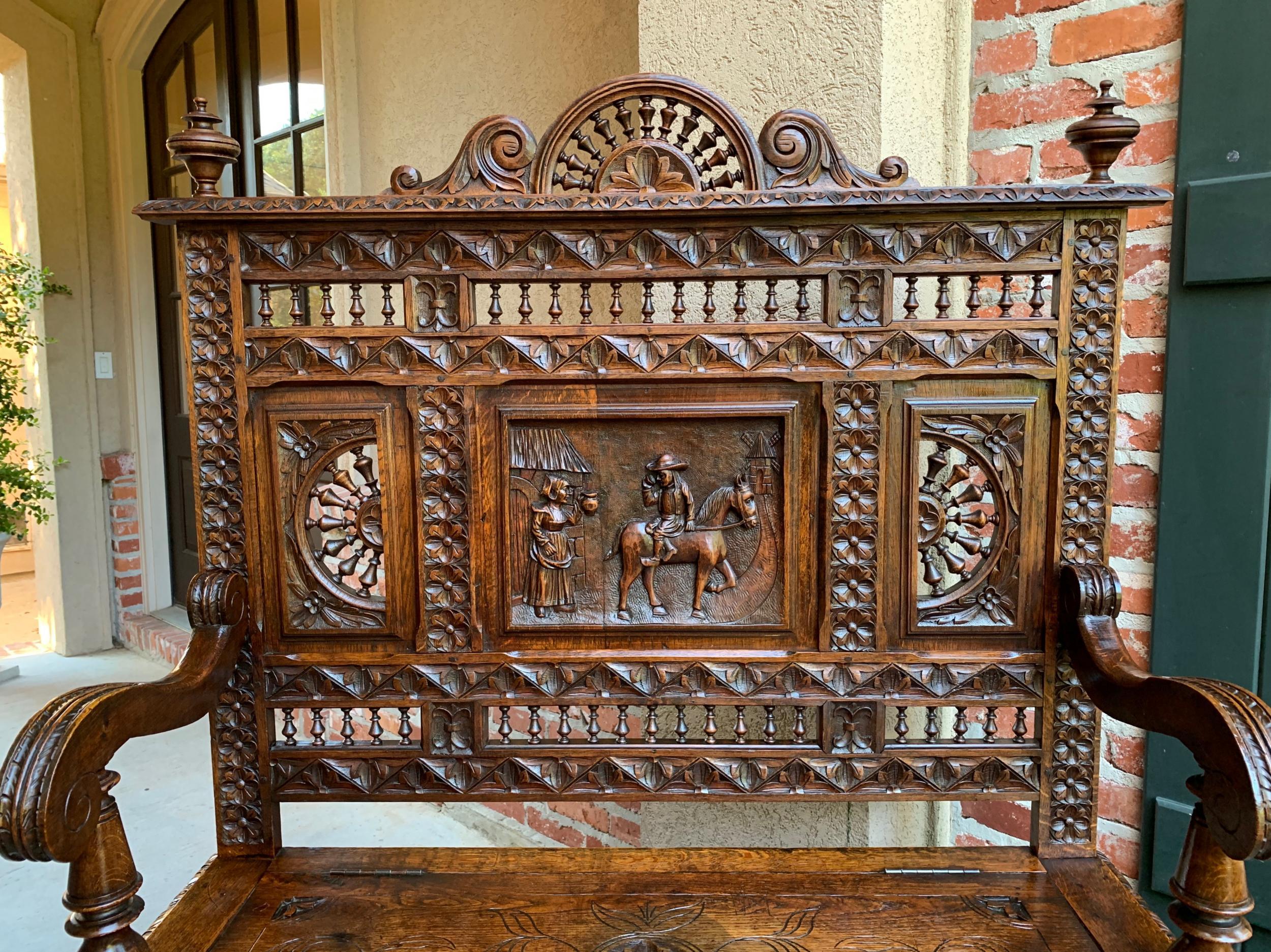 19th Century French Carved Oak Hall Bench Breton Brittany Pew Banquette 8