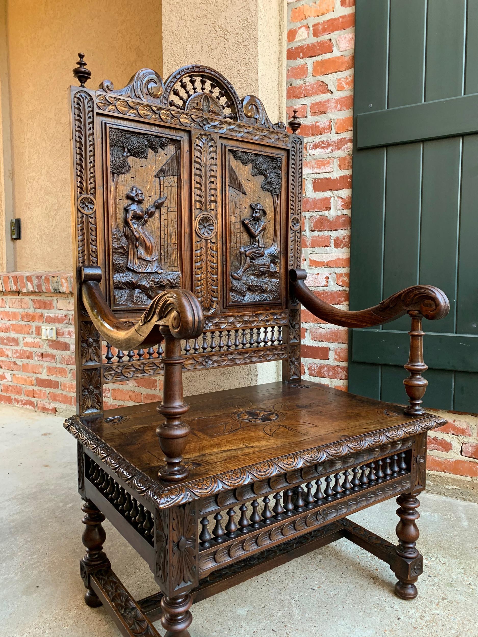 19th century French Carved Oak Hall Bench Breton Brittany Pew Banquette 8