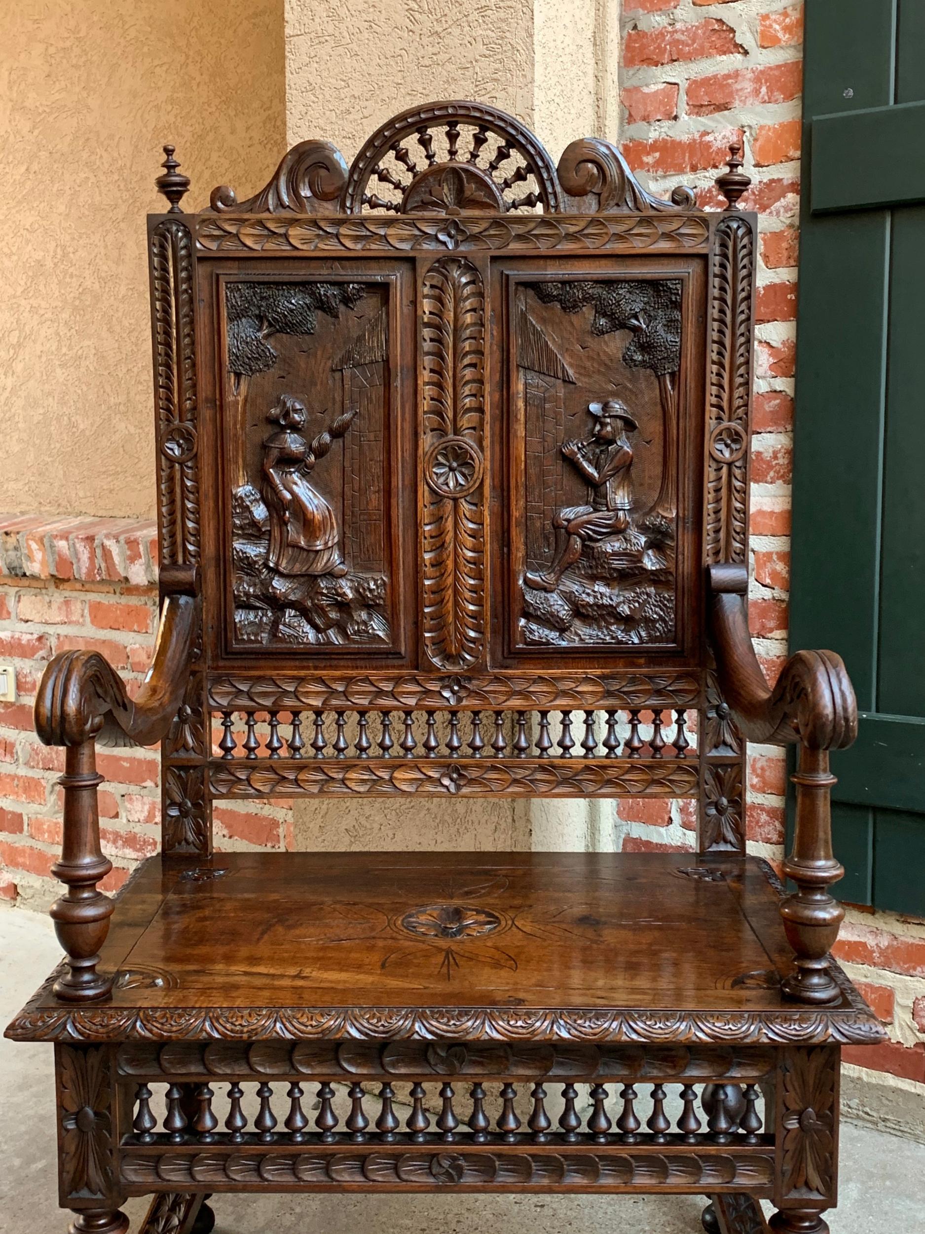 19th century French Carved Oak Hall Bench Breton Brittany Pew Banquette 9