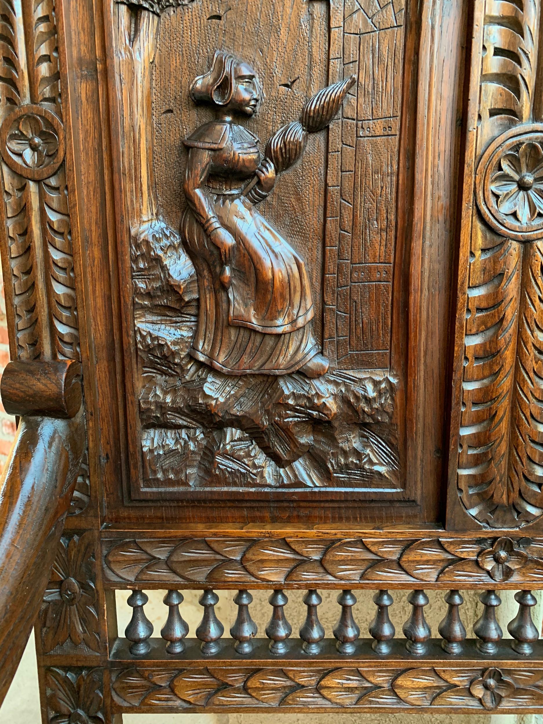 19th century French Carved Oak Hall Bench Breton Brittany Pew Banquette 10
