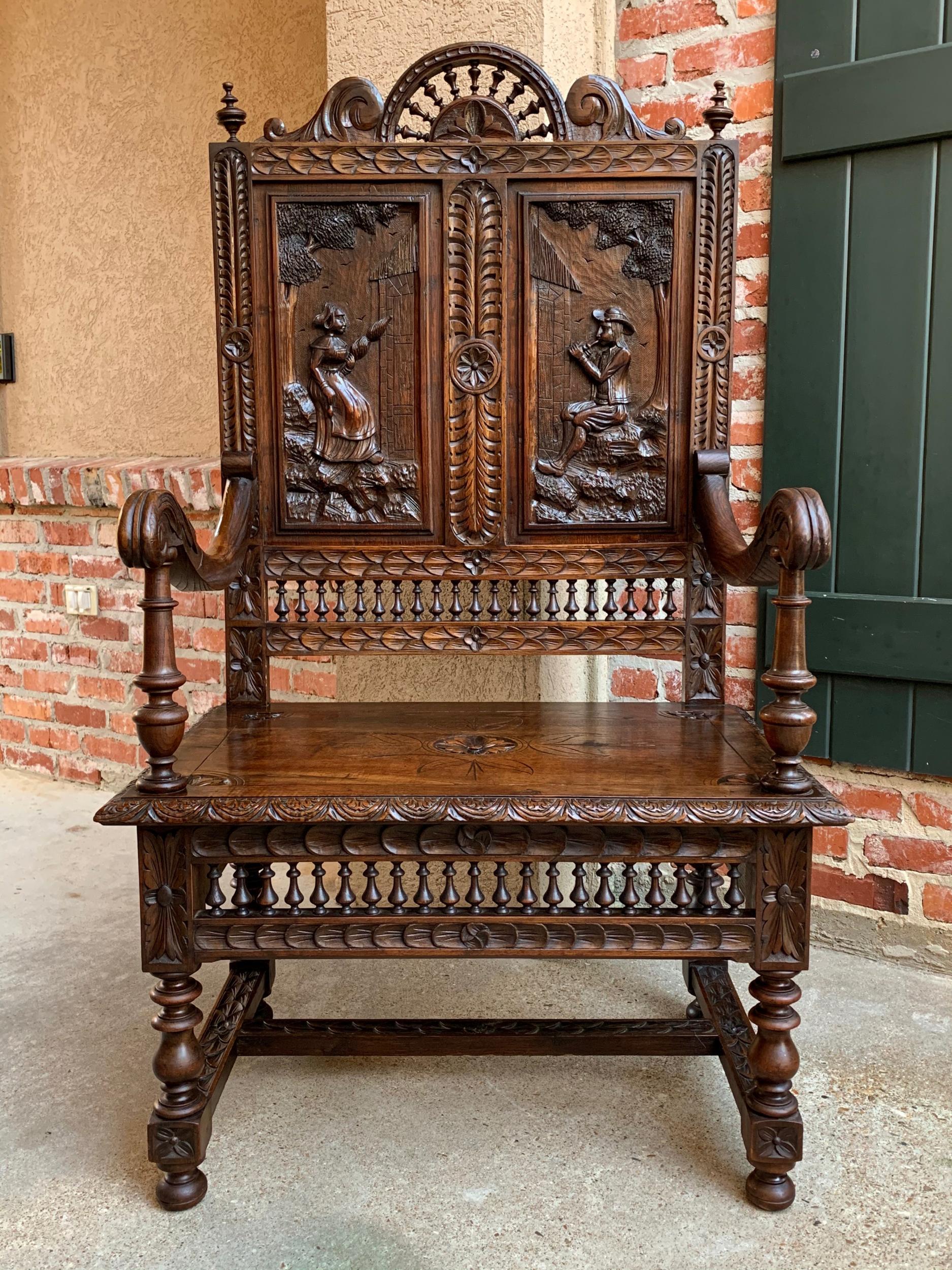 19th century French carved oak hall bench Breton Brittany pew banquette

~Direct from France~
~Ornately hand carved antique French hall bench in an extremely versatile small size!~
~Highly carved and spindled back, with two detailed carved