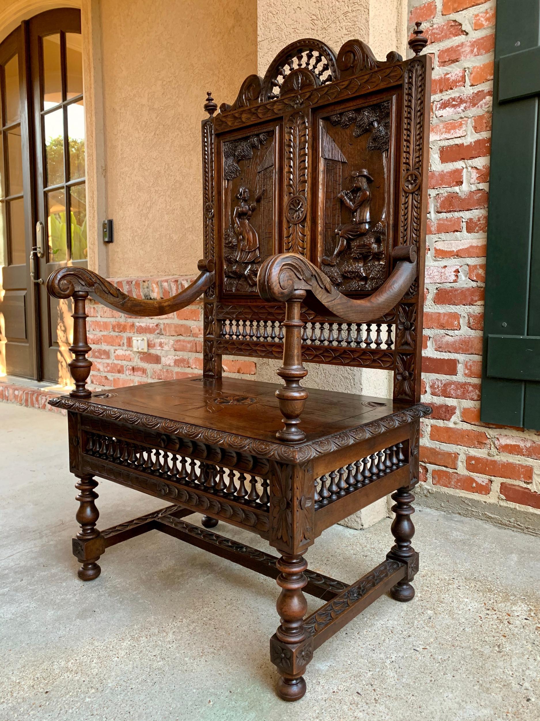 Louis XIV 19th century French Carved Oak Hall Bench Breton Brittany Pew Banquette