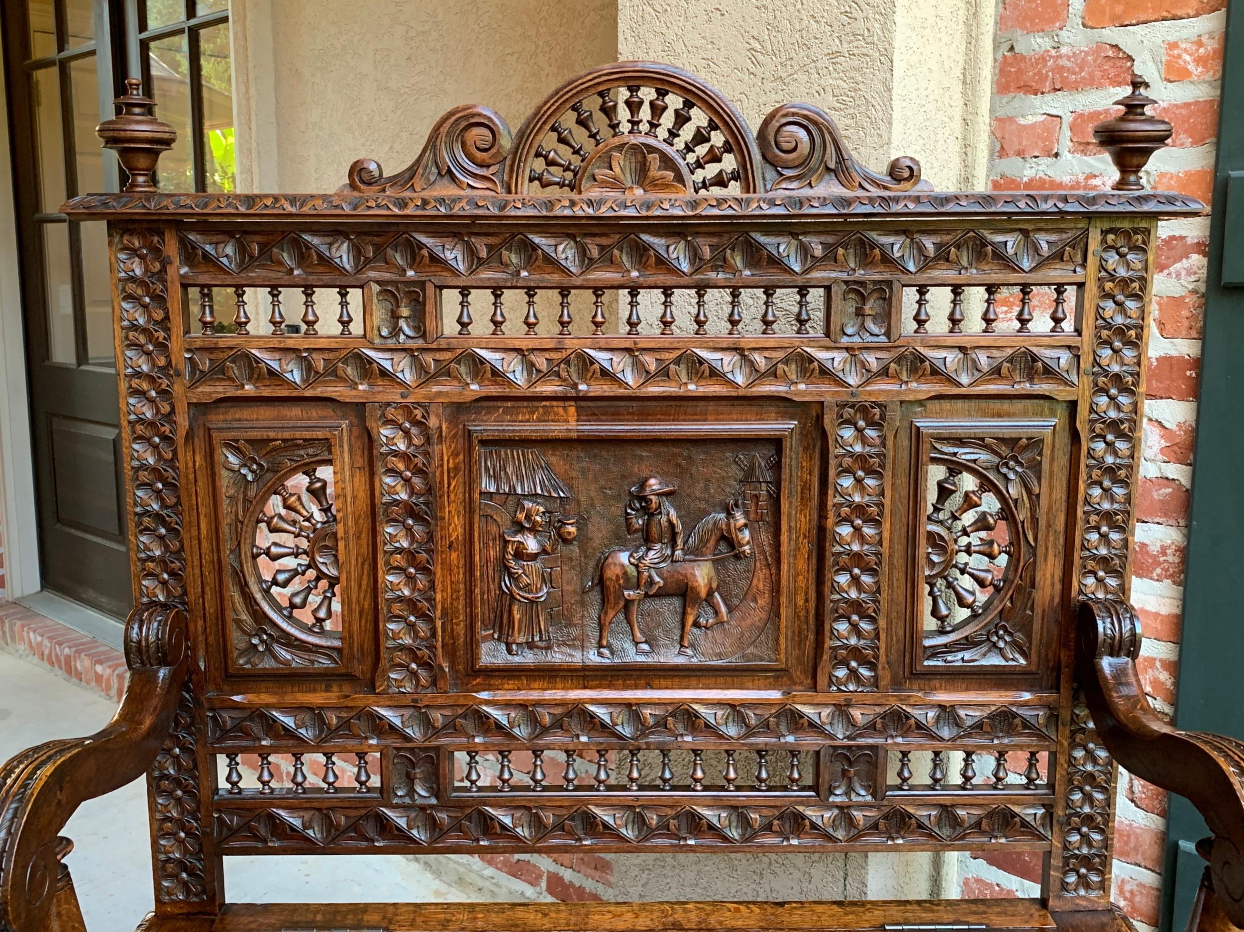 Hand-Carved 19th Century French Carved Oak Hall Bench Breton Brittany Pew Banquette