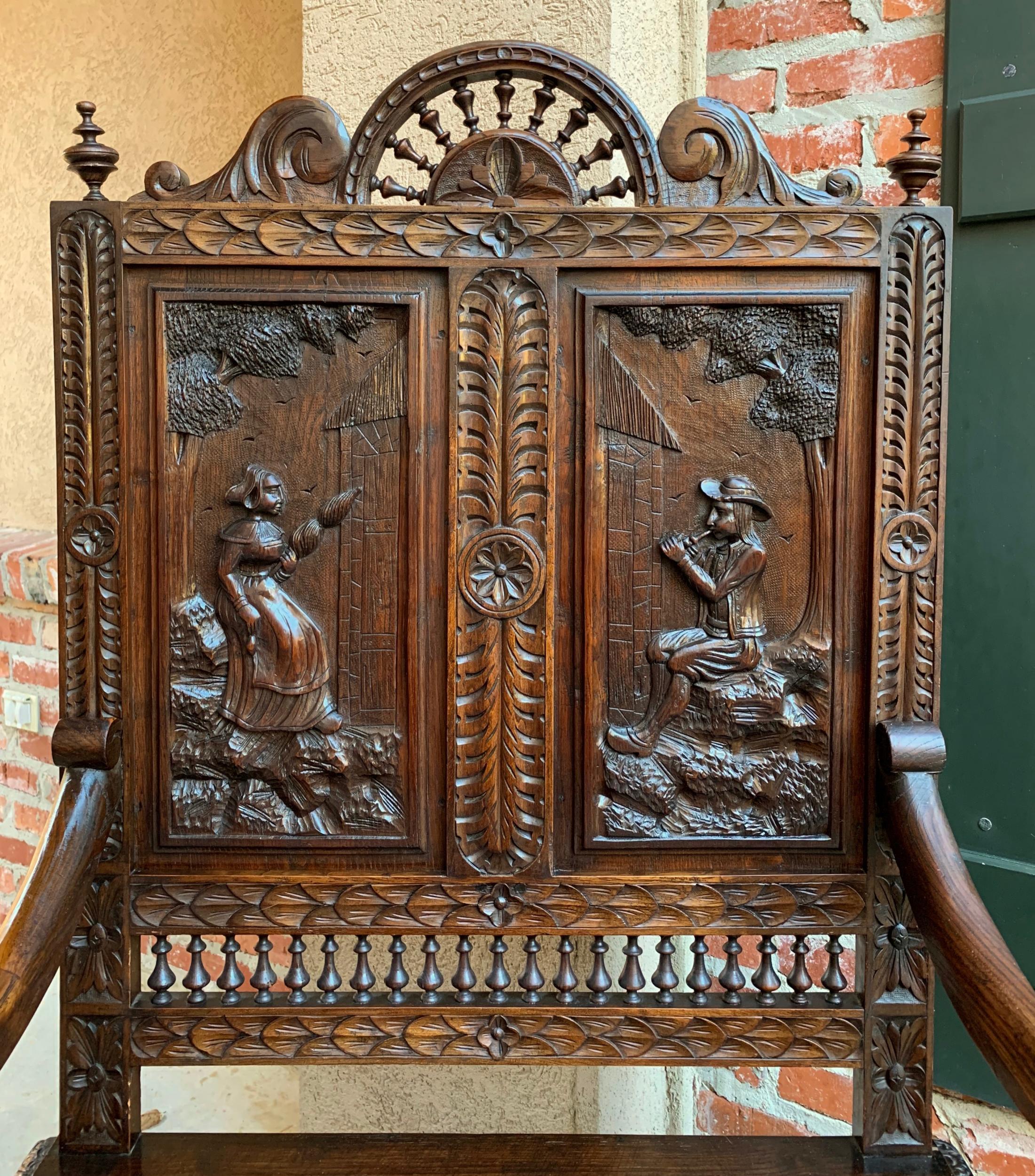 Hand-Carved 19th century French Carved Oak Hall Bench Breton Brittany Pew Banquette