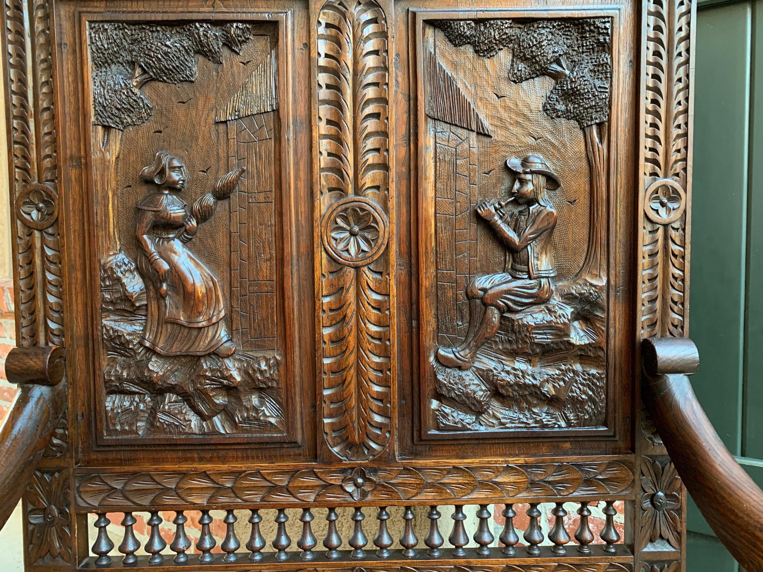 19th century French Carved Oak Hall Bench Breton Brittany Pew Banquette 1