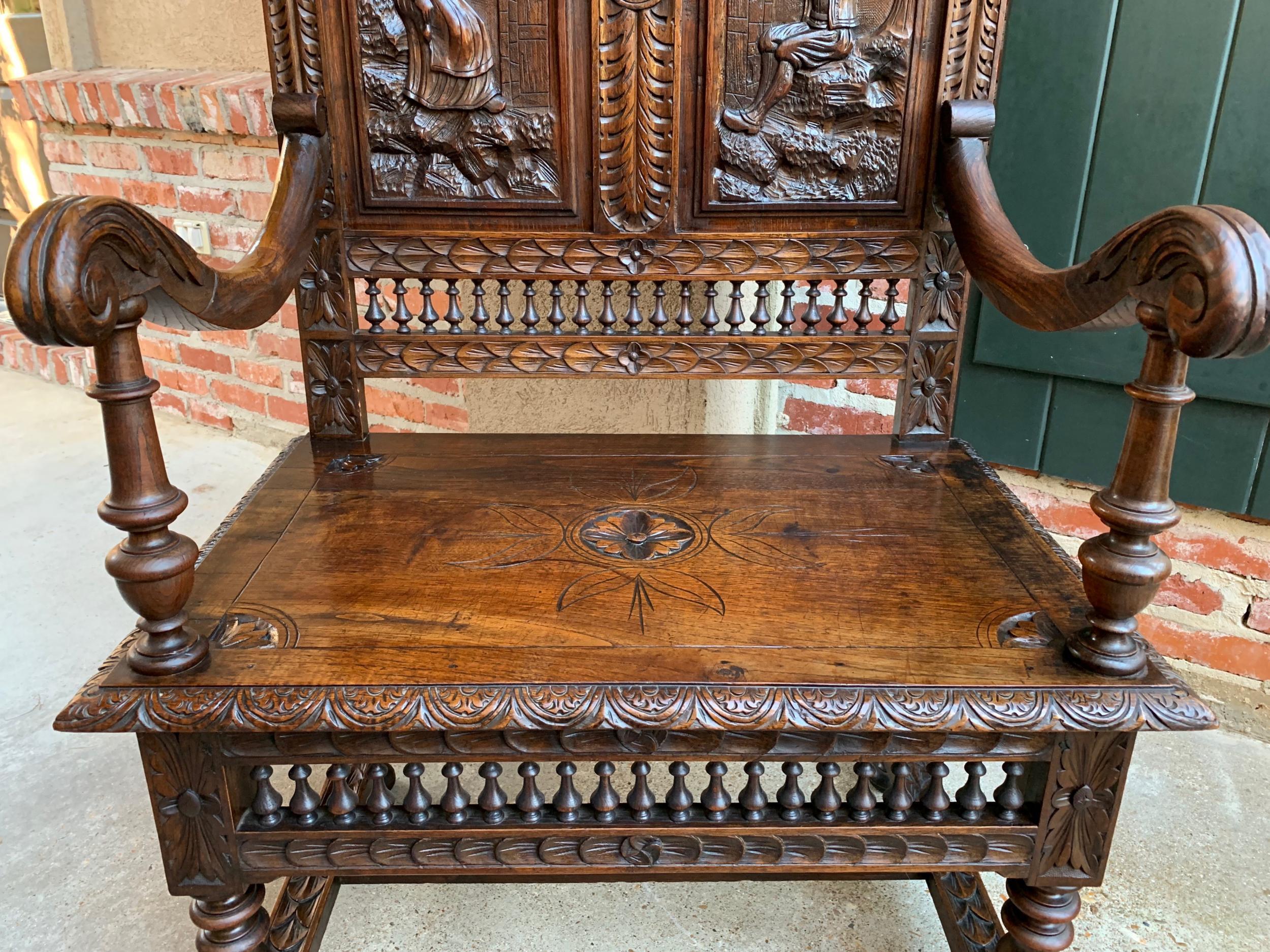 19th century French Carved Oak Hall Bench Breton Brittany Pew Banquette 2