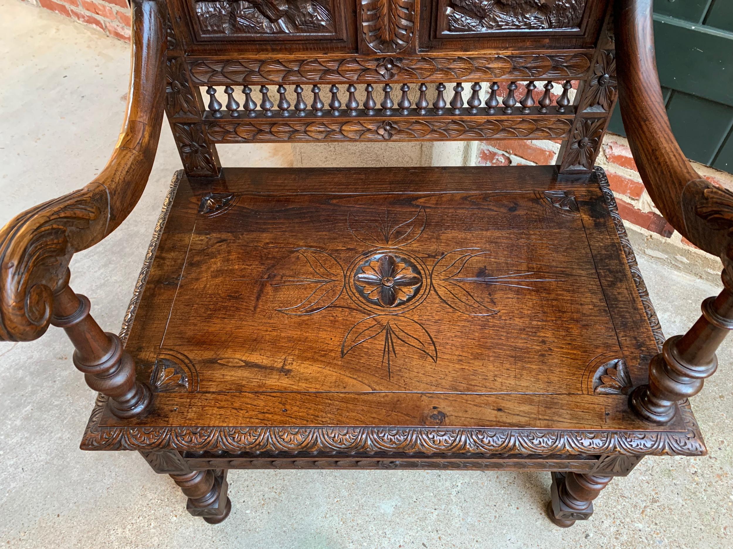 19th century French Carved Oak Hall Bench Breton Brittany Pew Banquette 3