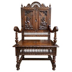 19th century French Carved Oak Hall Bench Breton Brittany Pew Banquette