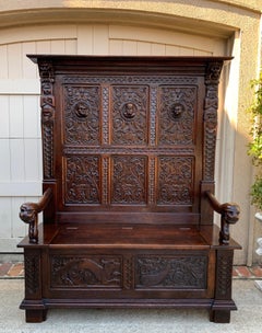 19th century French Carved Oak Hall Bench Pew Gothic Breton Renaissance Settle