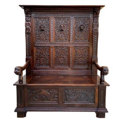 banc d'entrée en chêne sculpté français du 19ème siècle Pew Gothic Breton Renaissance Settle