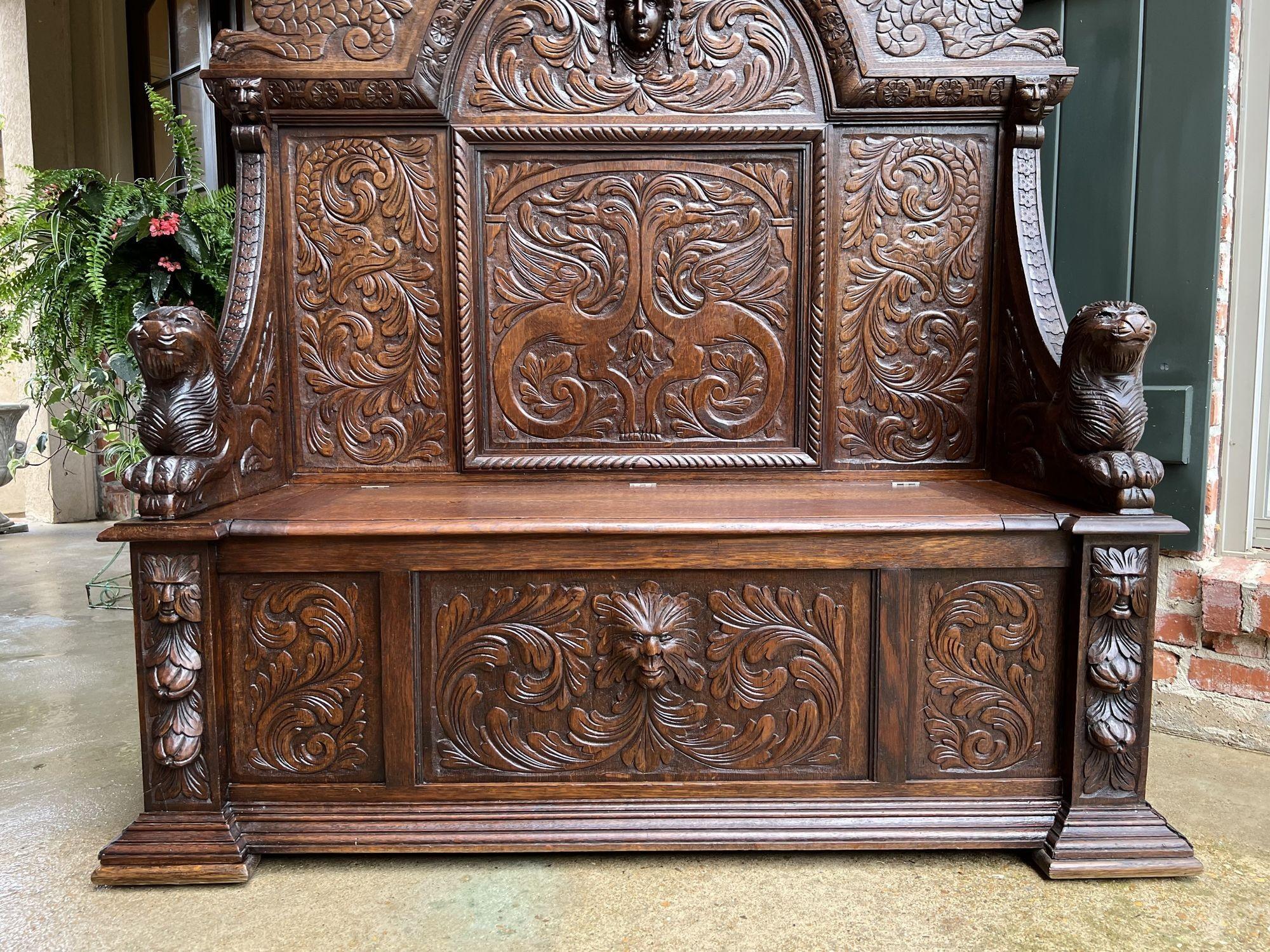 19th Century French Carved Oak Hall Bench Trunk Chest Renaissance Gothic Settle 9
