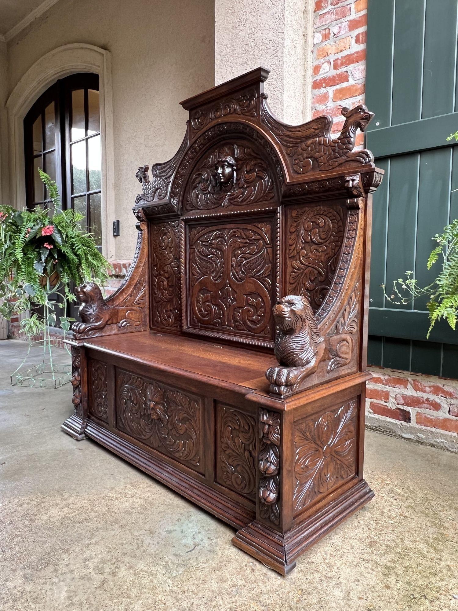 Hand-Carved 19th Century French Carved Oak Hall Bench Trunk Chest Renaissance Gothic Settle