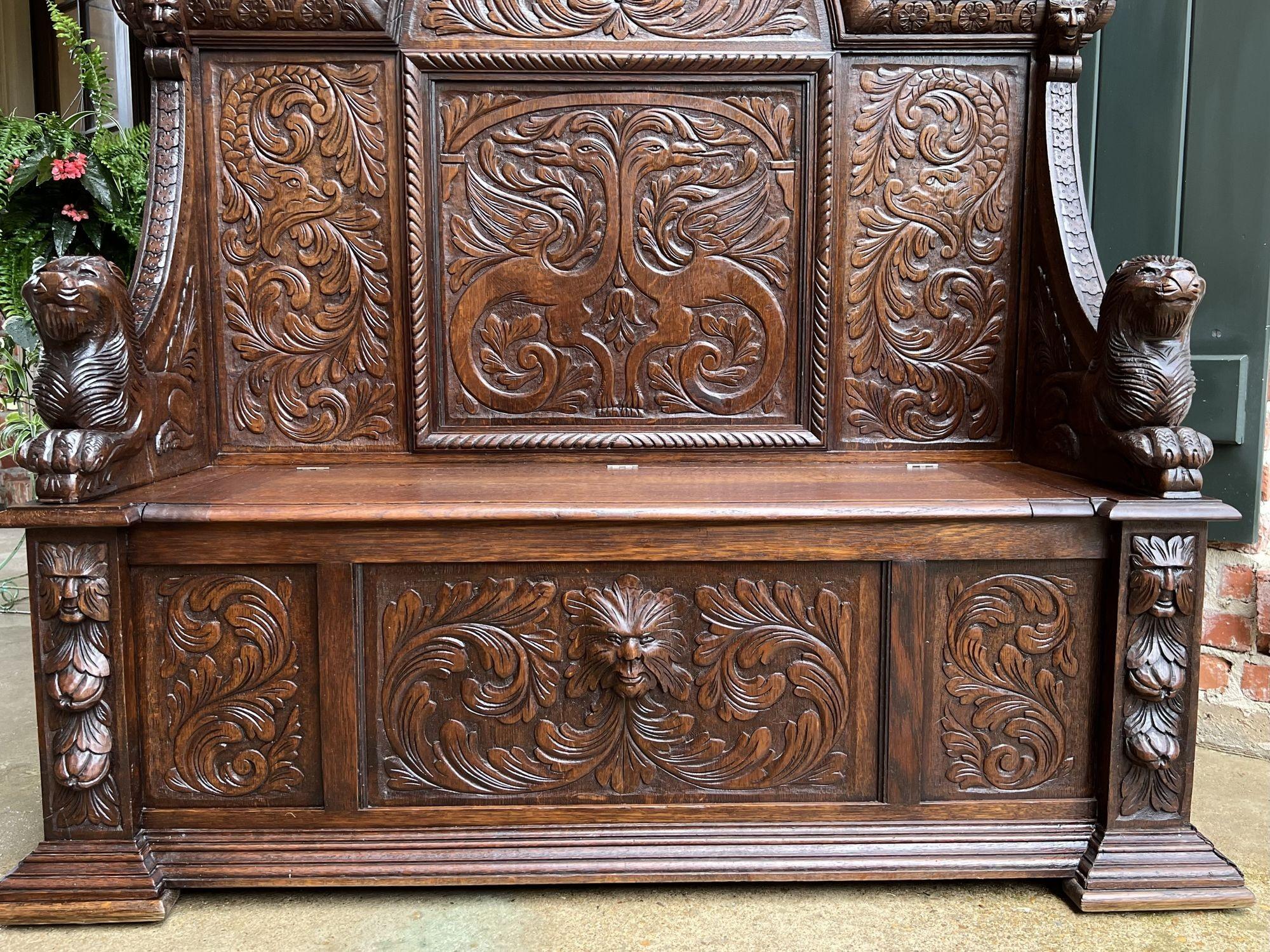 Late 19th Century 19th Century French Carved Oak Hall Bench Trunk Chest Renaissance Gothic Settle