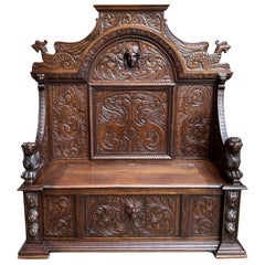19th Century French Carved Oak Hall Bench Trunk Chest Renaissance Gothic Settle