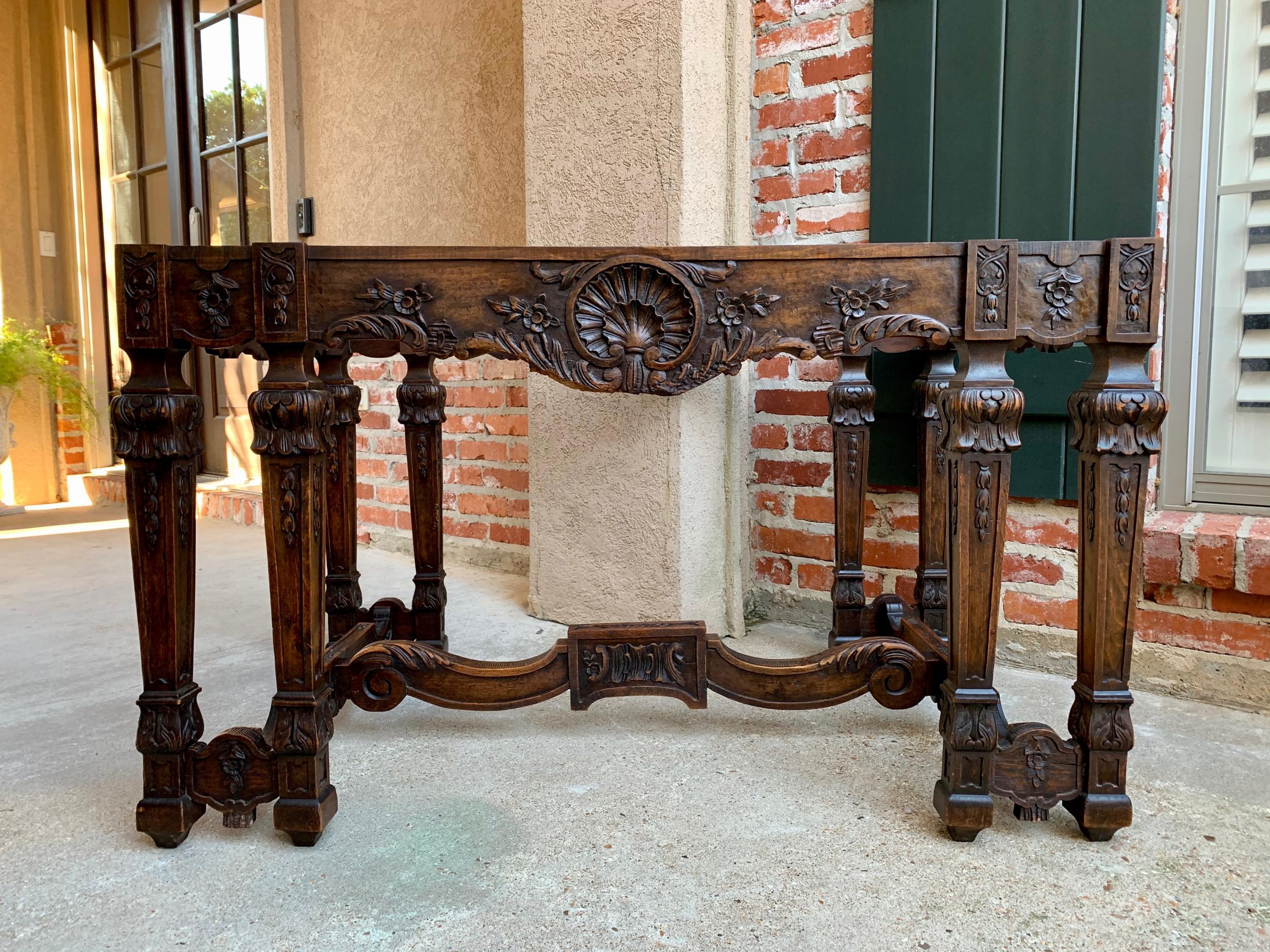 Hand-Carved 19th Century French Center Console Table Regence Marble Louis XIV Carved Oak For Sale