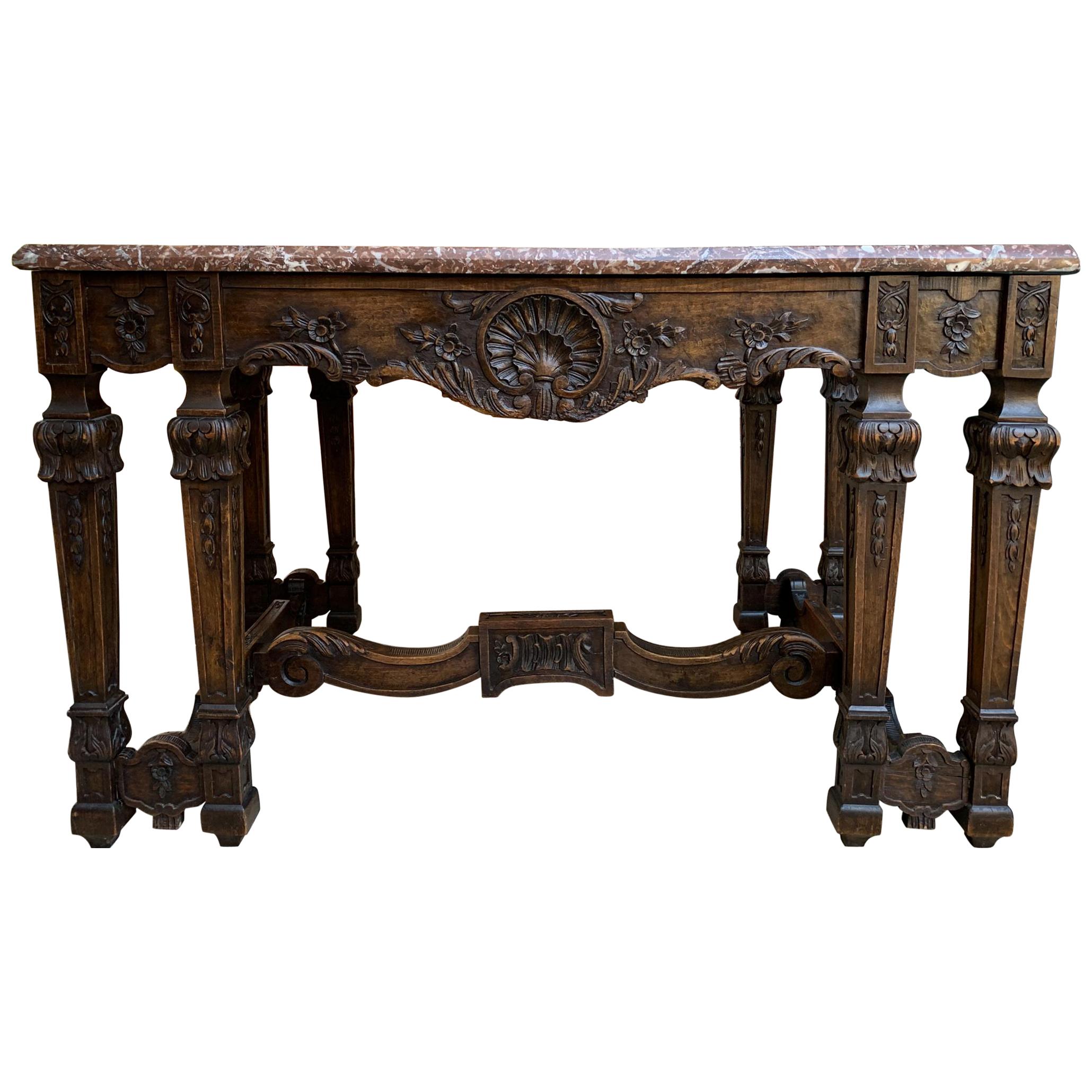 19th Century French Center Console Table Regence Marble Louis XIV Carved Oak