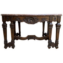 19th Century French Center Console Table Regence Marble Louis XIV Carved Oak