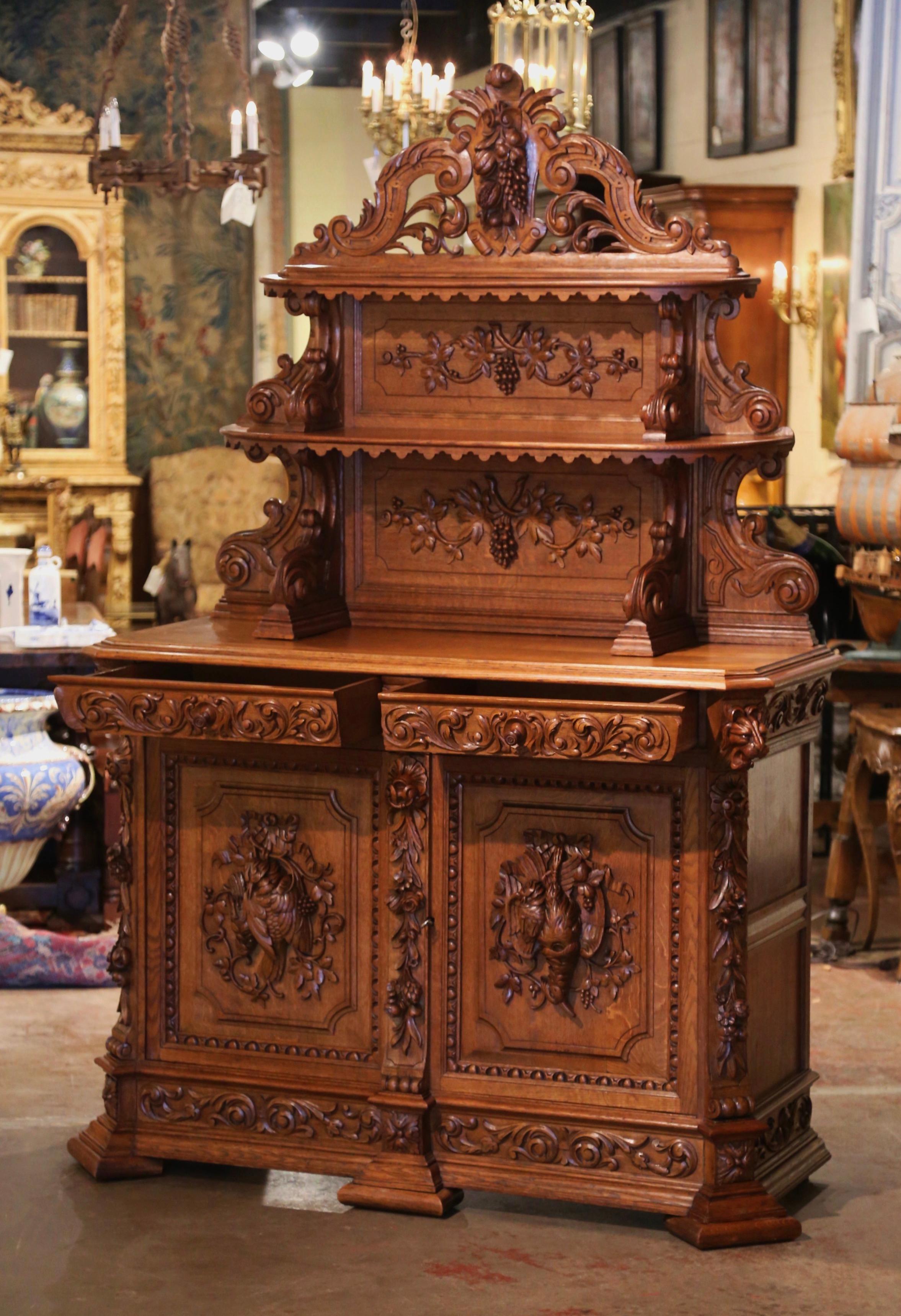 19th Century French Carved Oak Hunt Buffet Server with Grape and Vine Motifs 7