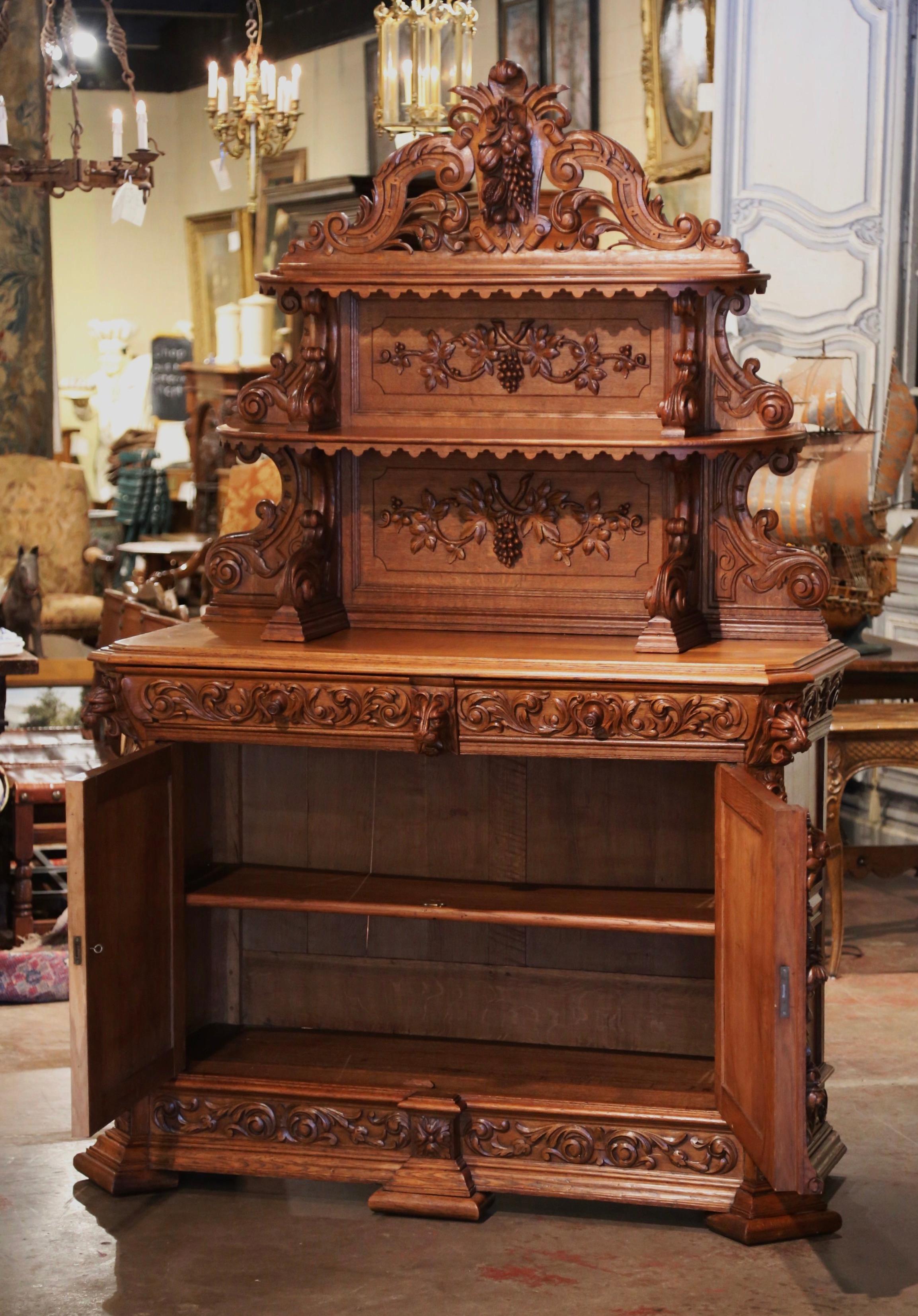 19th Century French Carved Oak Hunt Buffet Server with Grape and Vine Motifs 9