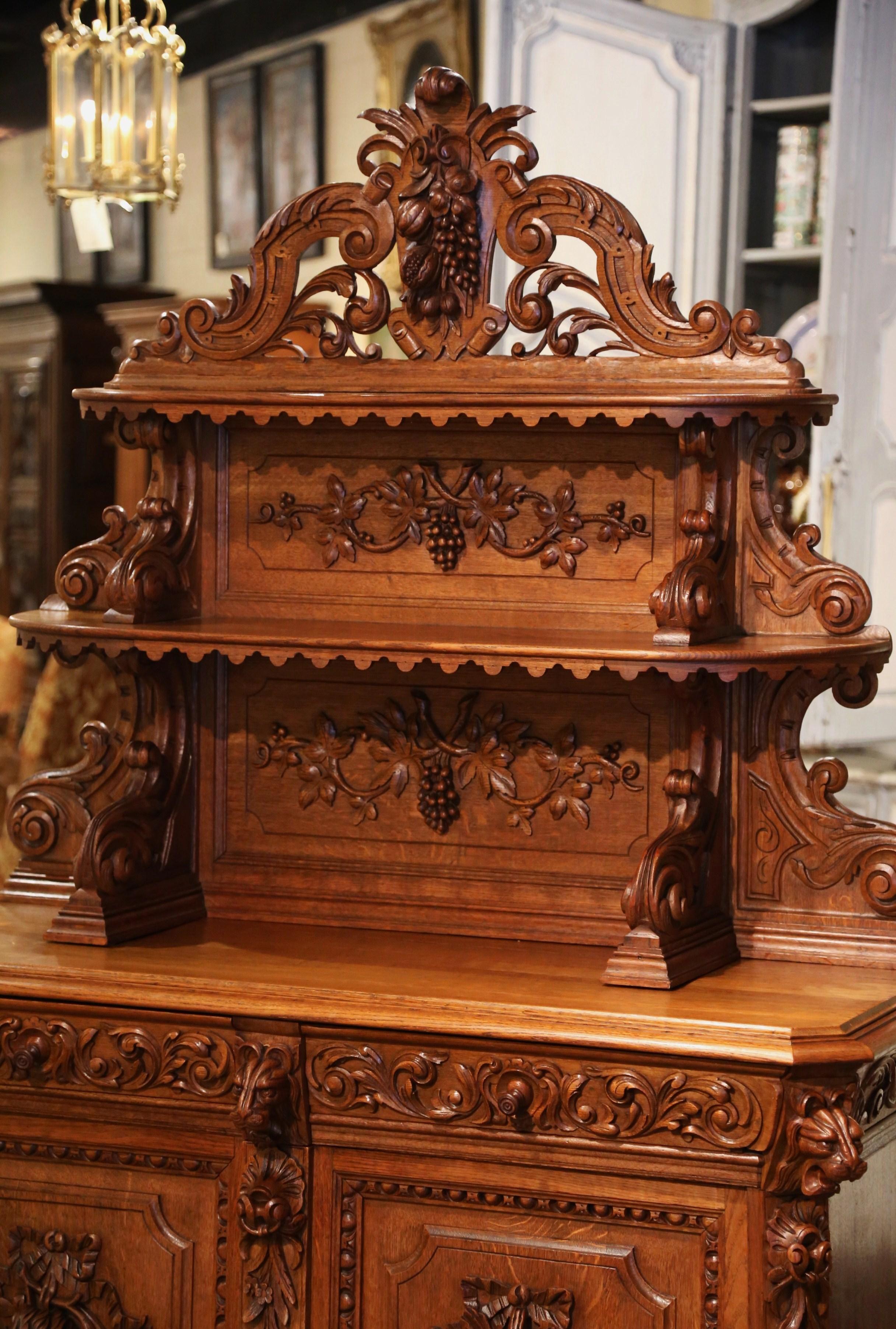 Black Forest 19th Century French Carved Oak Hunt Buffet Server with Grape and Vine Motifs