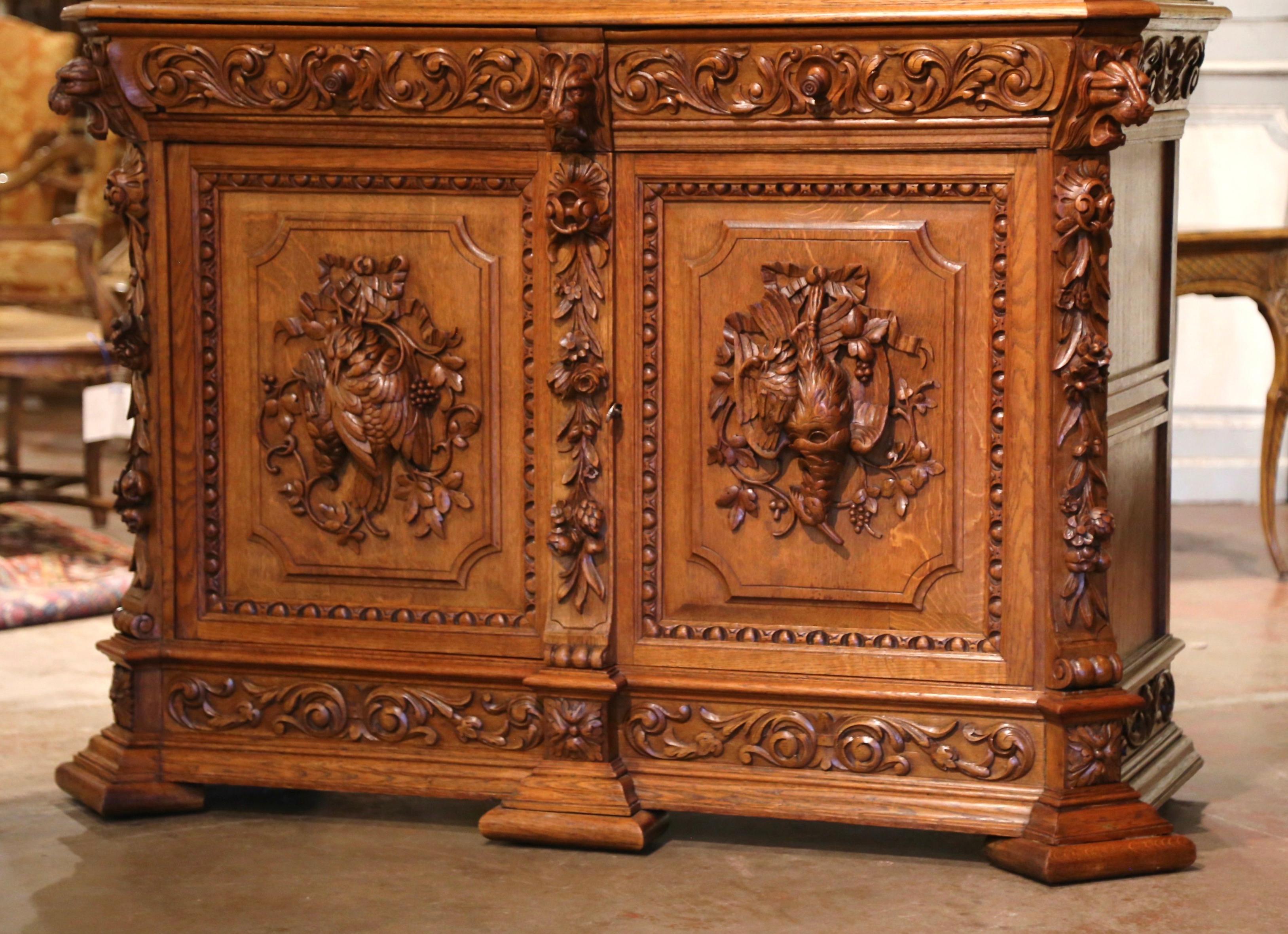 Hand-Carved 19th Century French Carved Oak Hunt Buffet Server with Grape and Vine Motifs