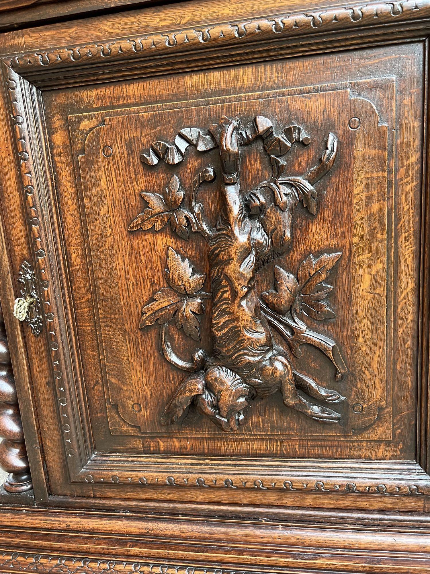 Antique French Carved Oak Cabinet Barley Twist Black Forest Wine Bar Renaissance For Sale 10