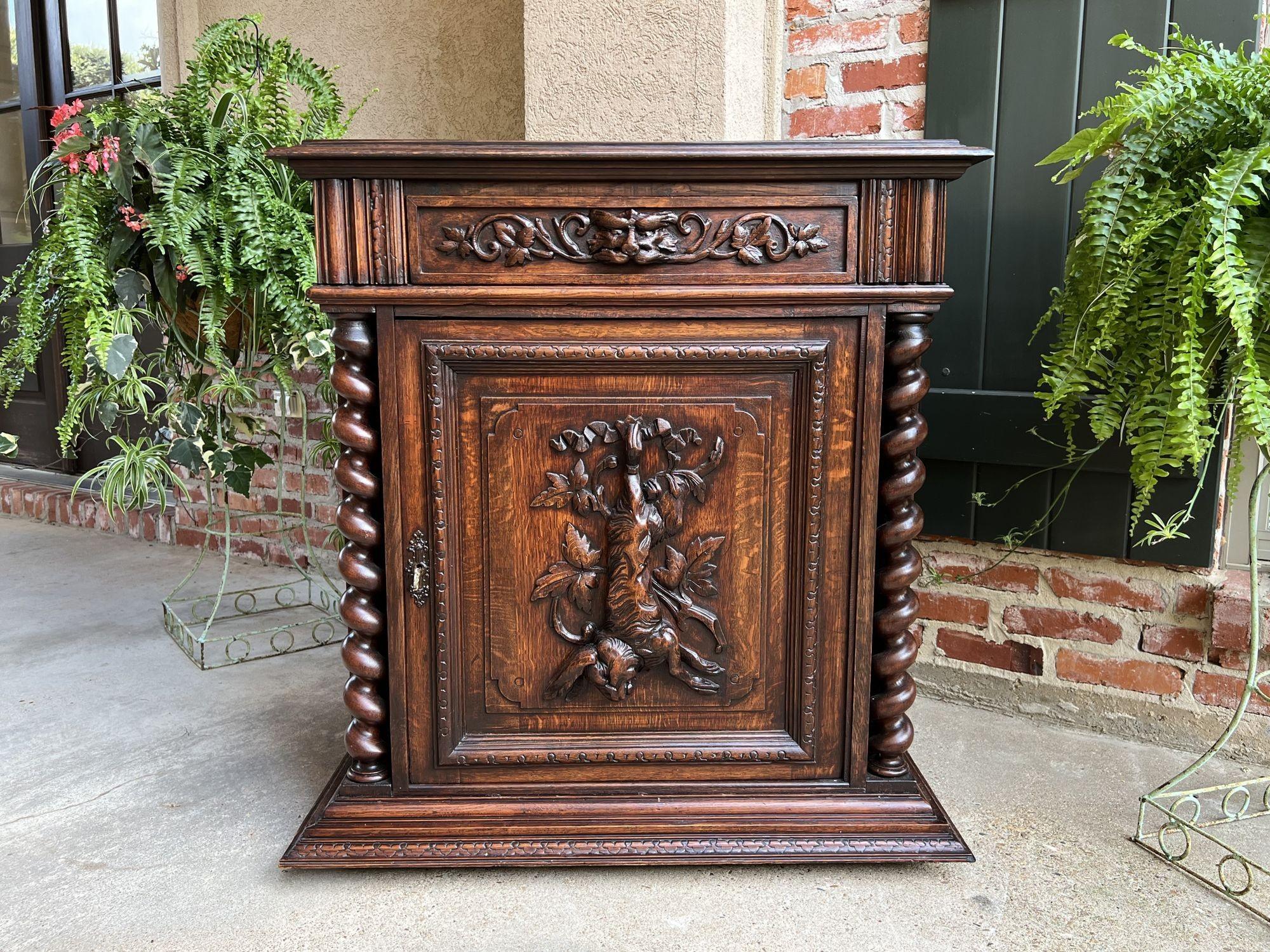 Louis XIII Antique French Carved Oak Cabinet Barley Twist Black Forest Wine Bar Renaissance For Sale