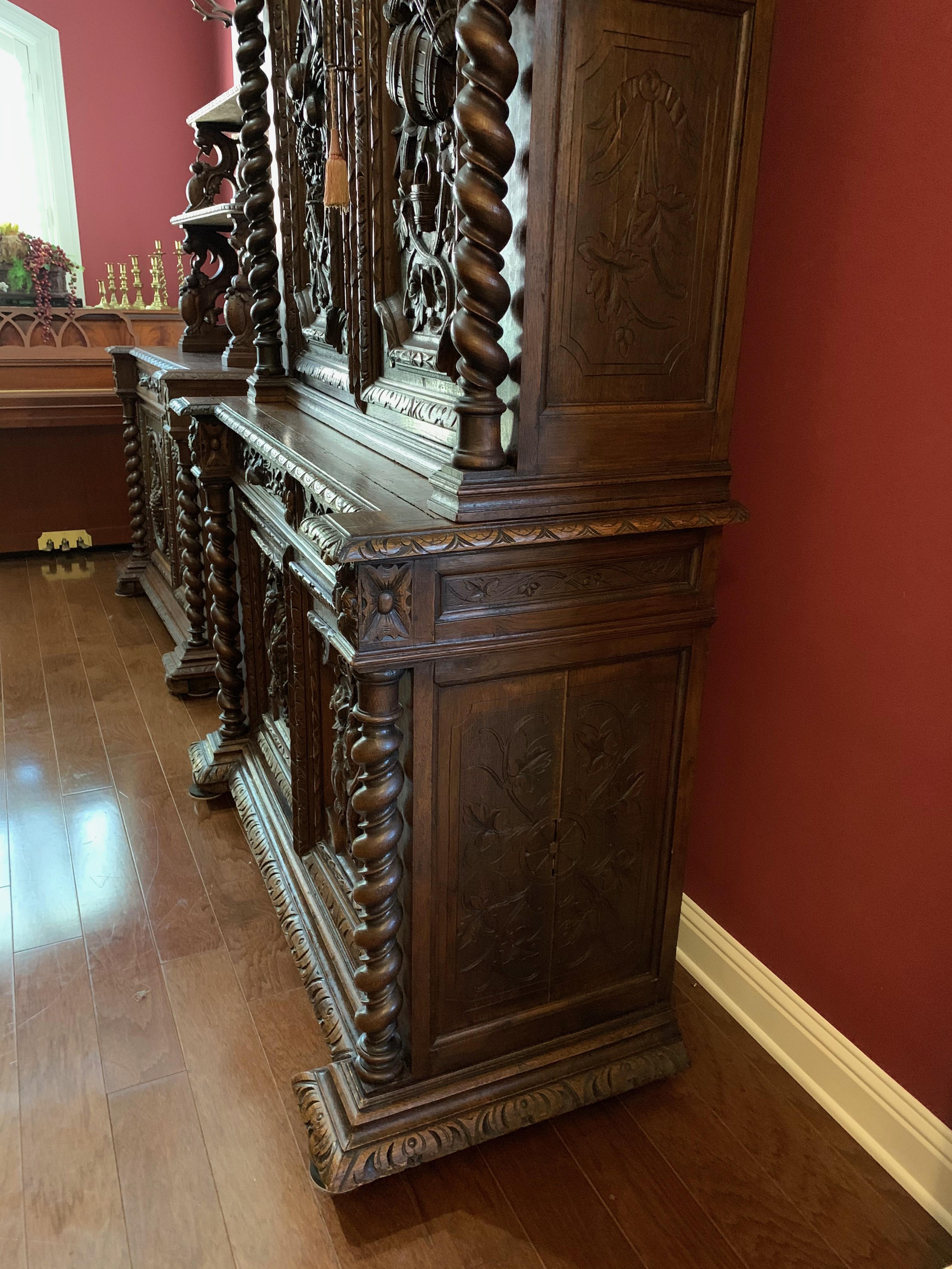 19th Century French Carved Oak Hunt Cabinet Bookcase Barley Twist Renaissance 8