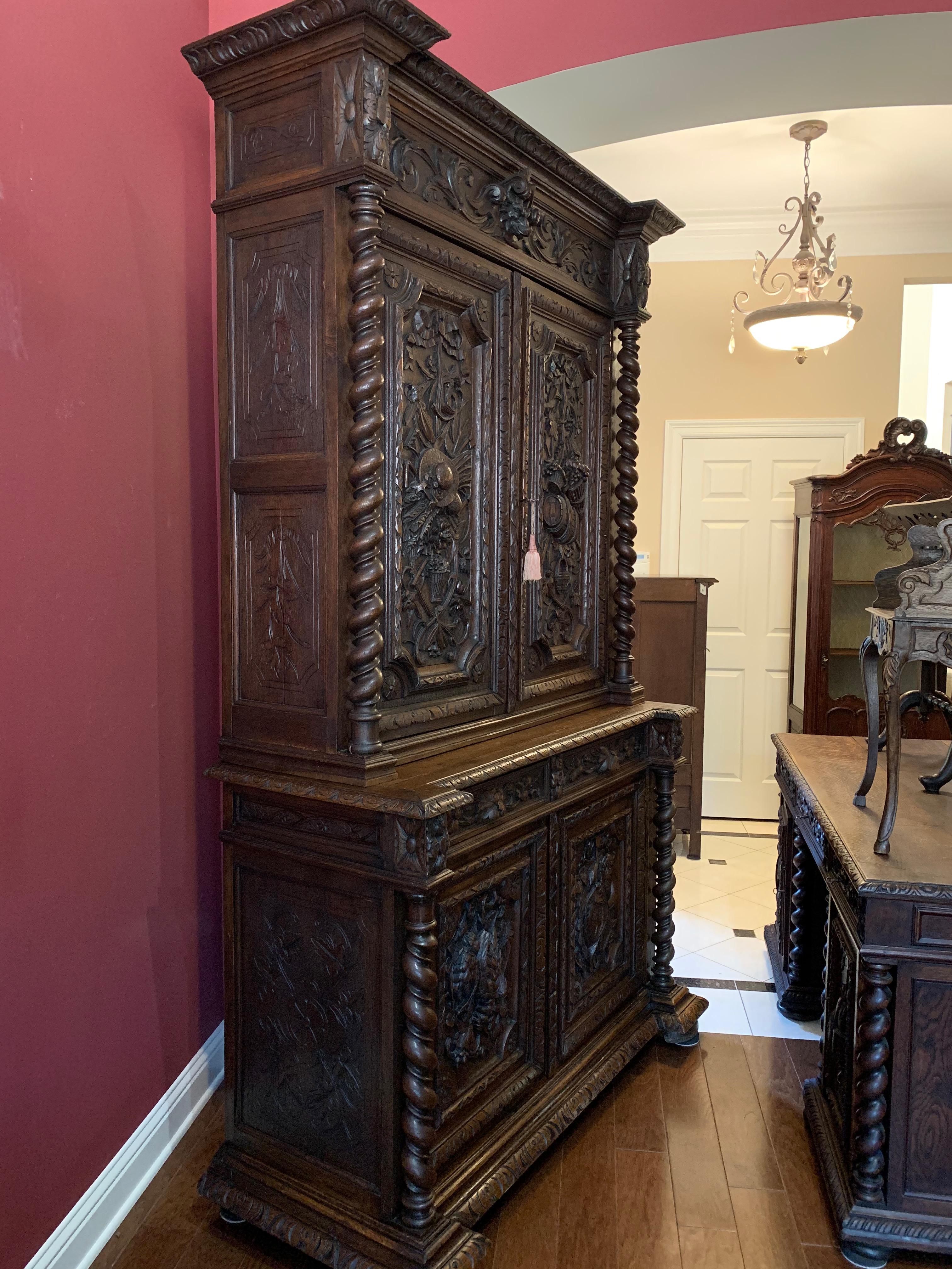 French Provincial 19th Century French Carved Oak Hunt Cabinet Bookcase Barley Twist Renaissance