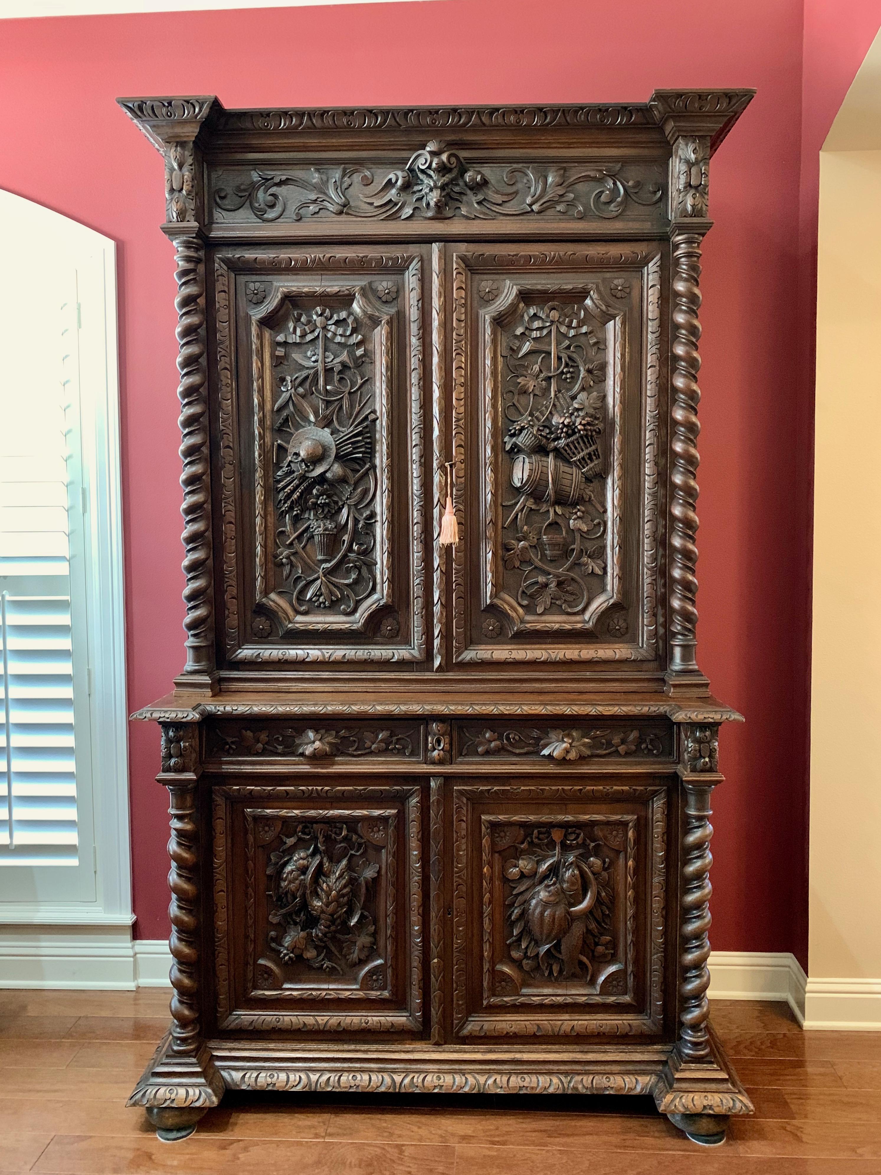 Hand-Carved 19th Century French Carved Oak Hunt Cabinet Bookcase Barley Twist Renaissance