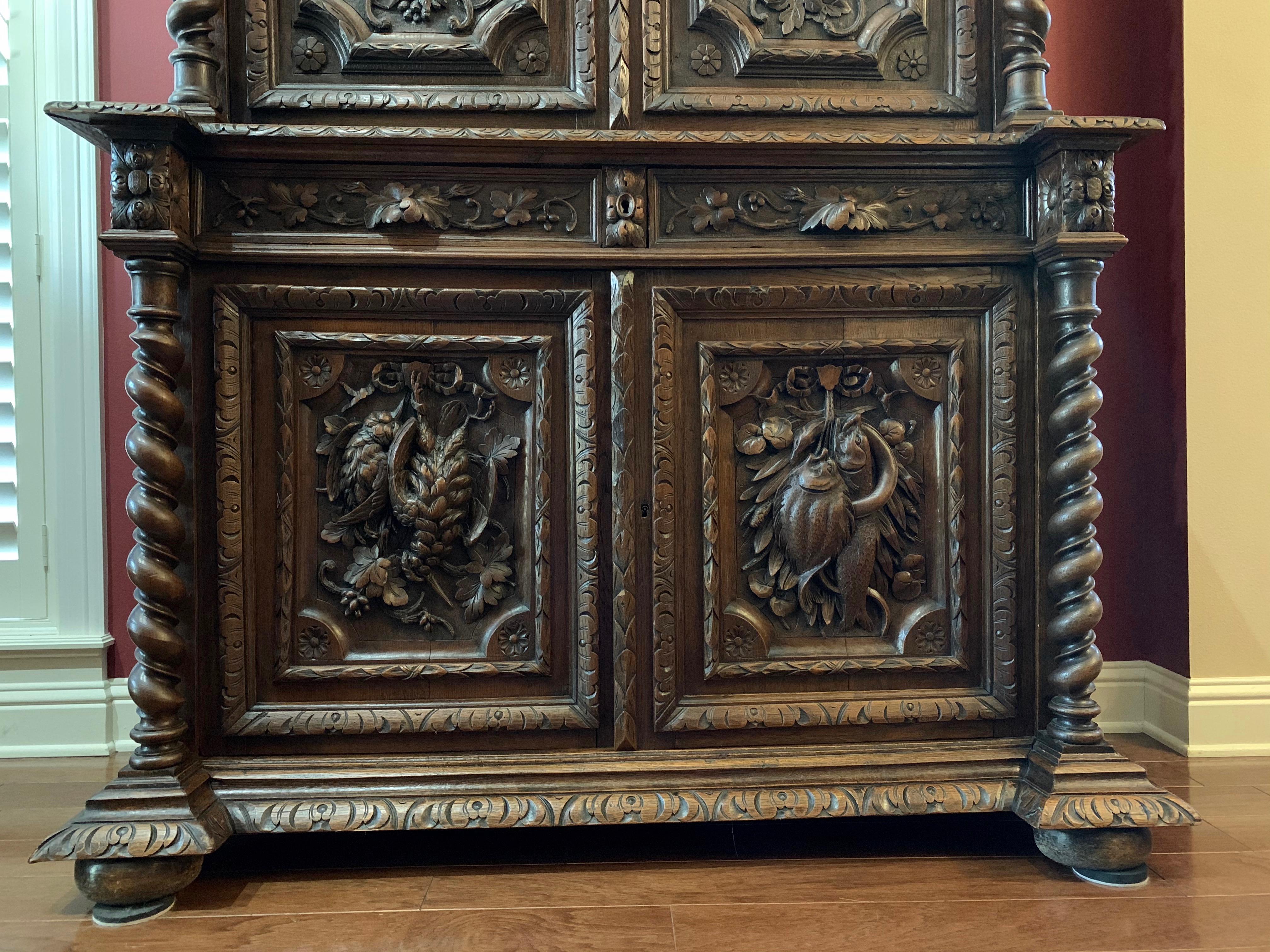 Late 19th Century 19th Century French Carved Oak Hunt Cabinet Bookcase Barley Twist Renaissance