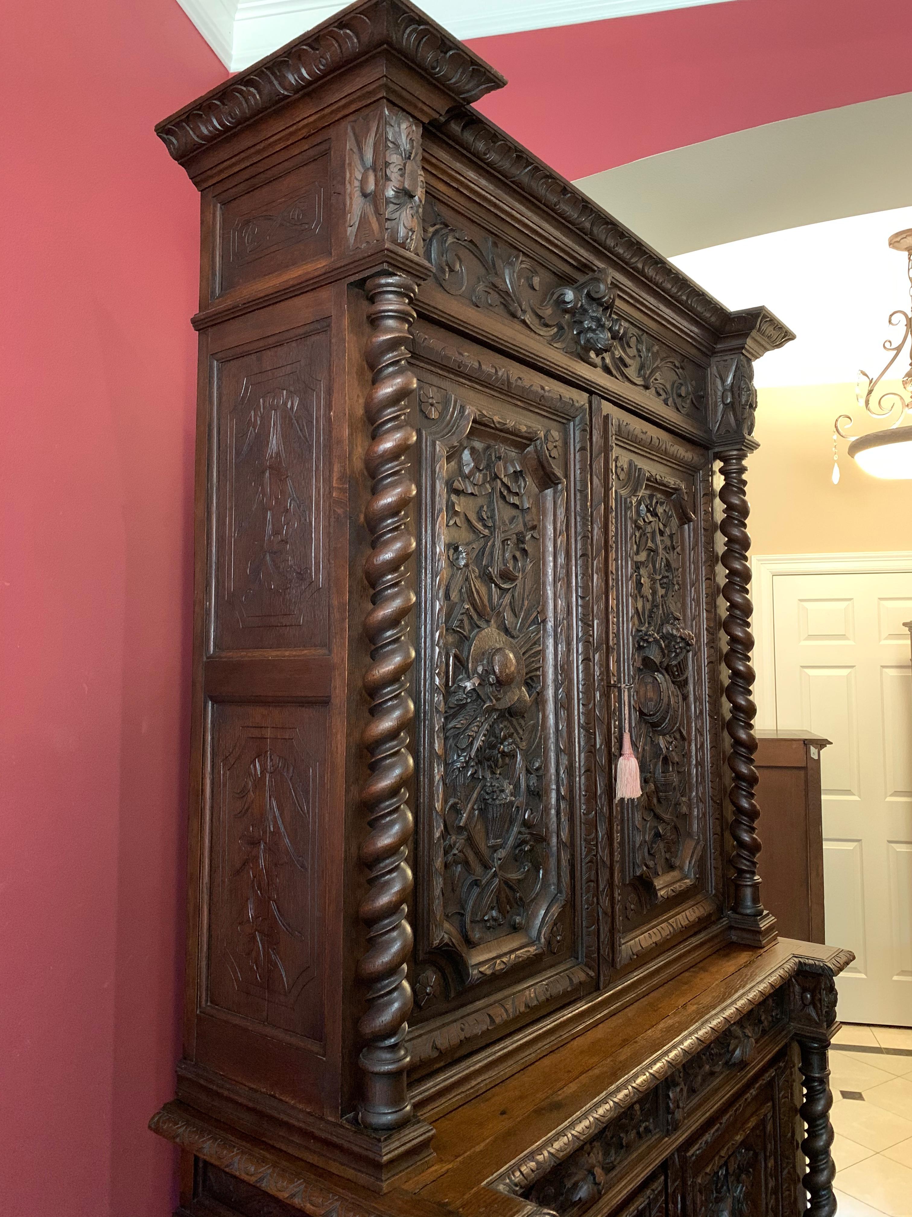 19th Century French Carved Oak Hunt Cabinet Bookcase Barley Twist Renaissance 2